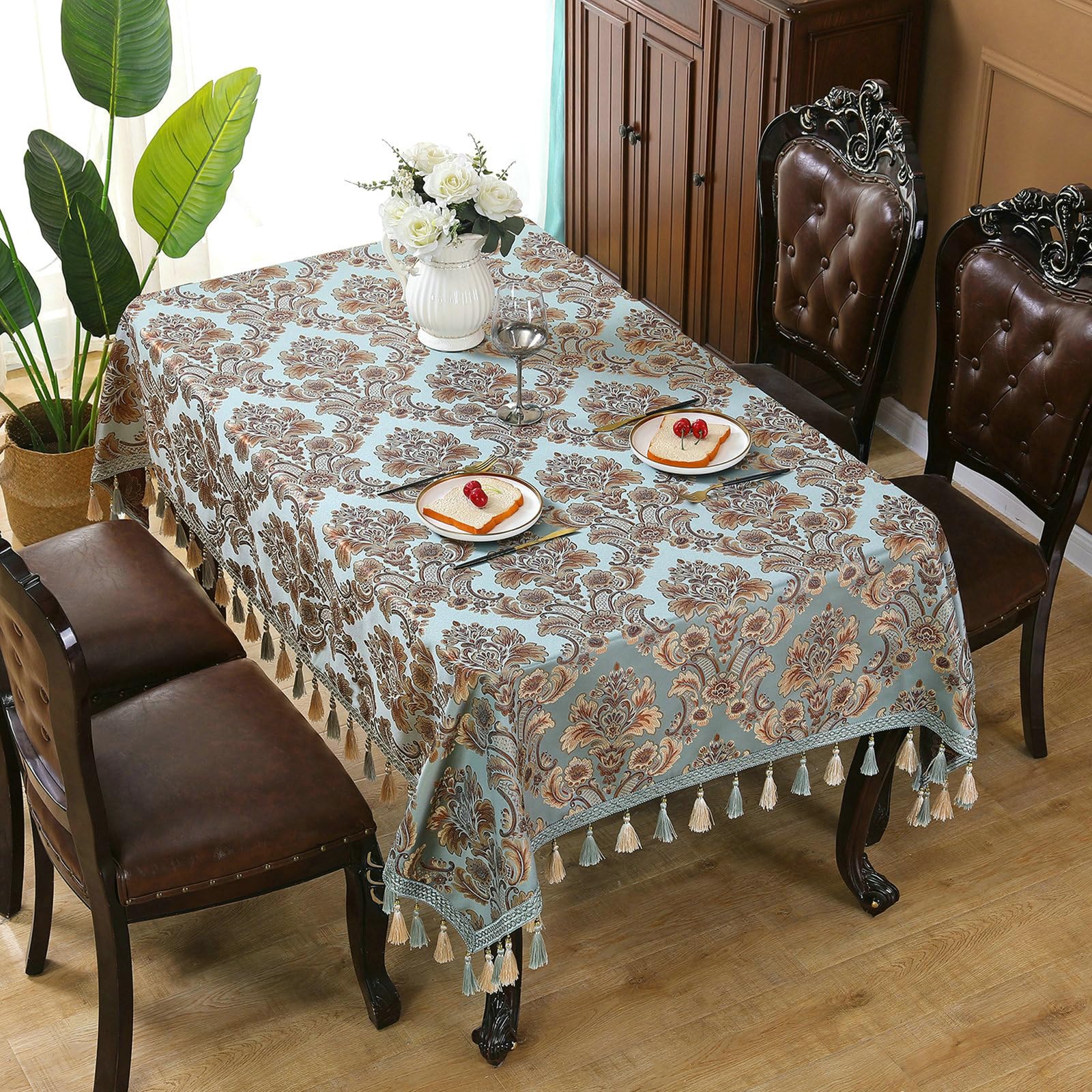 Tischdecke 150x220 cm, Stickerei mit Quasten Polyester, Blau