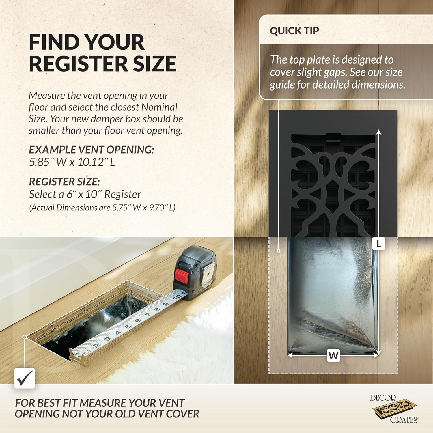 Decor Grates Cast Iron Victorian Decorative Air Vent Cover 6x10 Floor Register – Adjustable Control Lever – AC Floor Vent Covers for Home Floor Vents – Fits 6 x 10 Inch Opening – Black (AC610-BLK)