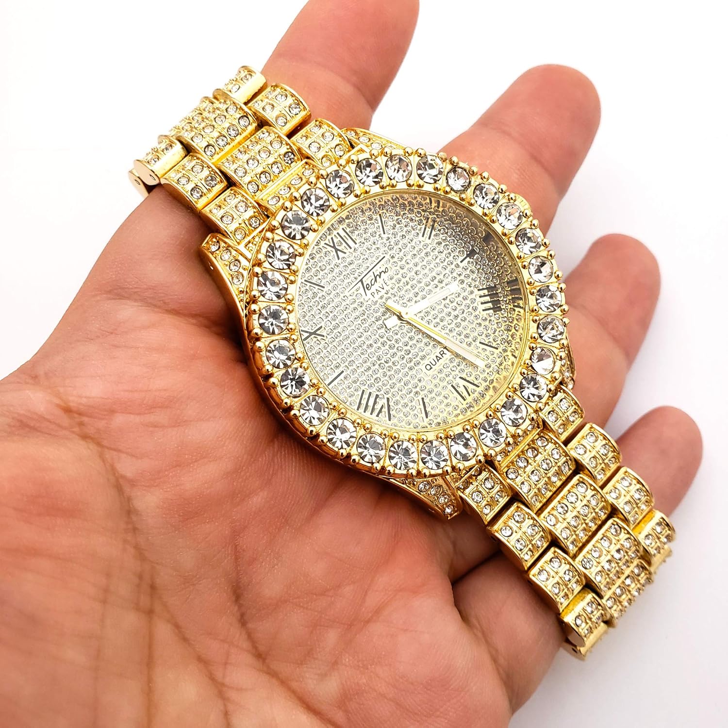 Hip Hop Gold Plated Iced Bling Lab Diamonds Watch & Jigsaw Pendant Necklace Set