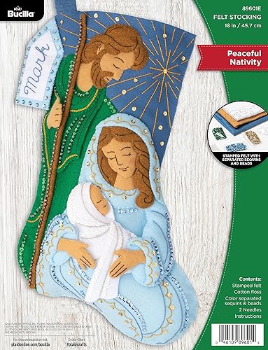 Bucilla 89601E - Kit de fabricación de calcetines de 18 pulgadas, pesebre pacífica, perfecto para manualidades, manualidades y manualidades