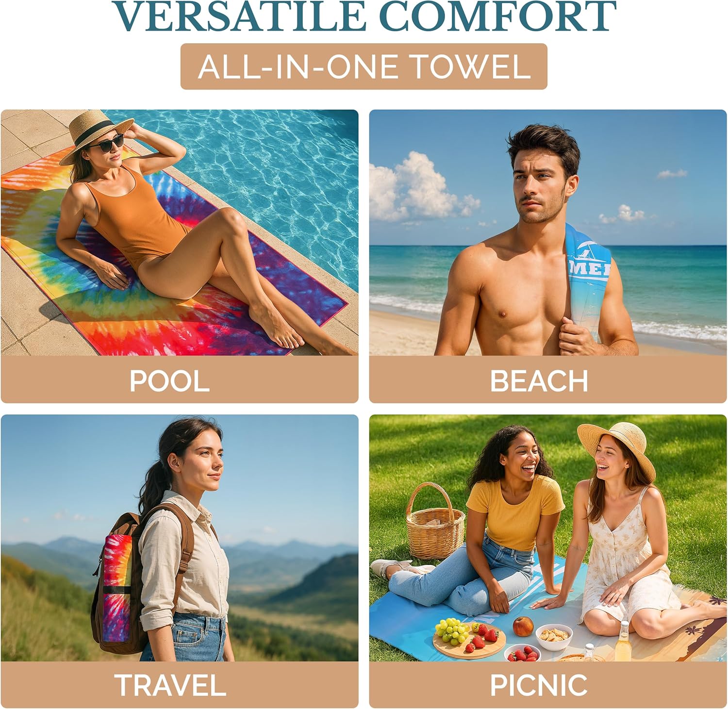 Casa Platino Microfiber Beach Towel 6 Pack – Extra Large 71"x32" Sand Free, Quick Dry Towels with Double-Sided Prints, Lightweight & Soft, Perfect Beach Towels for Girls, Travel & Camping – Marsa