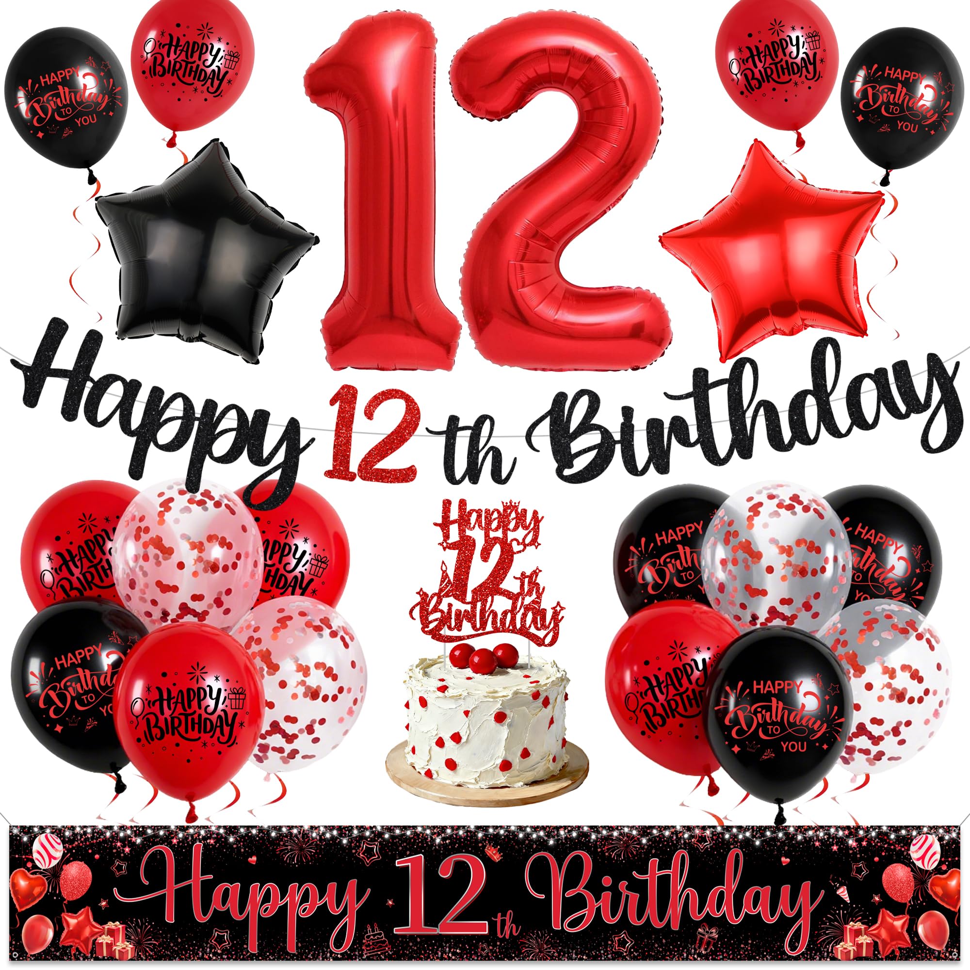 12th Birthday Decorations for Boys Girls - Red Black Happy 12th Birthday Yard Banner and Letter Garland Banner, Star Number 12 Foil Balloons Cake Toppers for 12 Years Old Party Supplies