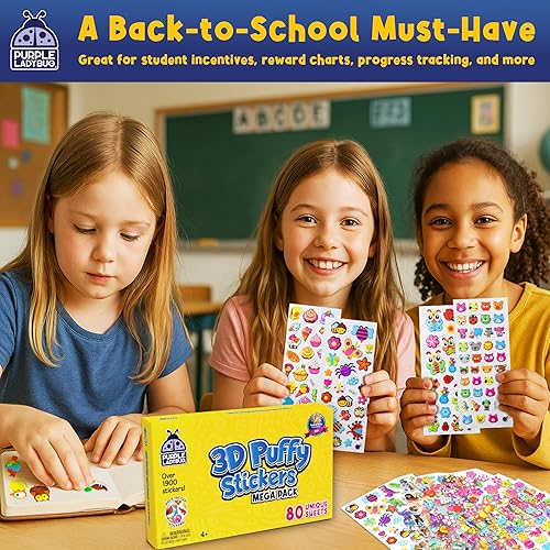 Miniatura 2 de Purple Ladybug 1900+ colección de calcomanías hinchadas para niños de 4 a 8 años - 80 hojas únicas reutilizables, diseños 3D creativos - calcomanías