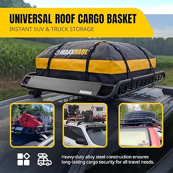 MaxxHaul Steel Roof Rack Cargo Basket, 46 x 36 x 4.5 Roof Top Carrier, Universal Fit for Cars, SUVs, Vans, and RVs, 150 lb Capacity, Weather-Resistant Easy-Install Cargo Storage (70115)