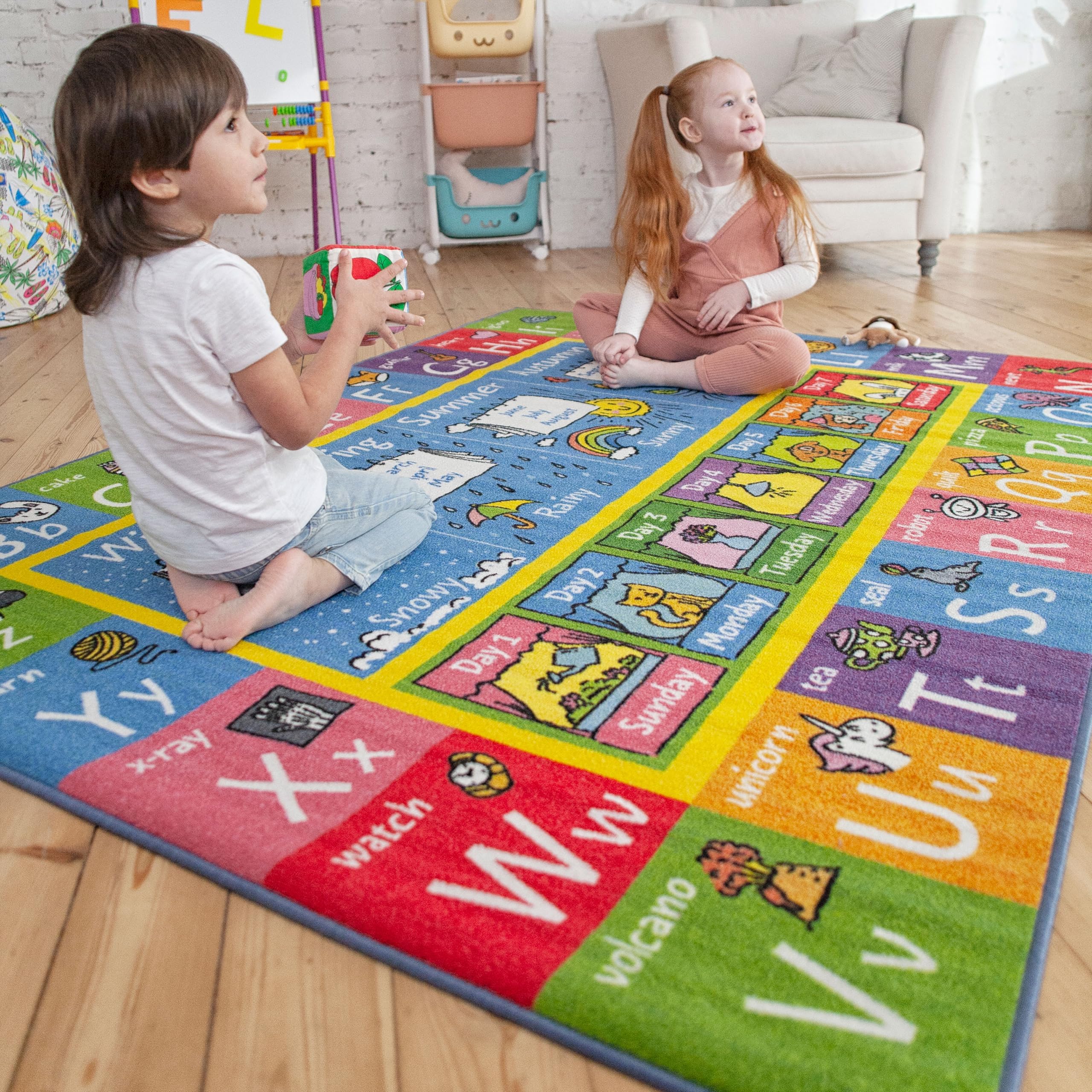 KC Cubs 3x5 ABC Alphabet, Seasons, Months & Days Rug – Educational Play Mat Carpet for Kids, Toddlers, Nursery, Classroom, Playroom, Baby Daycare