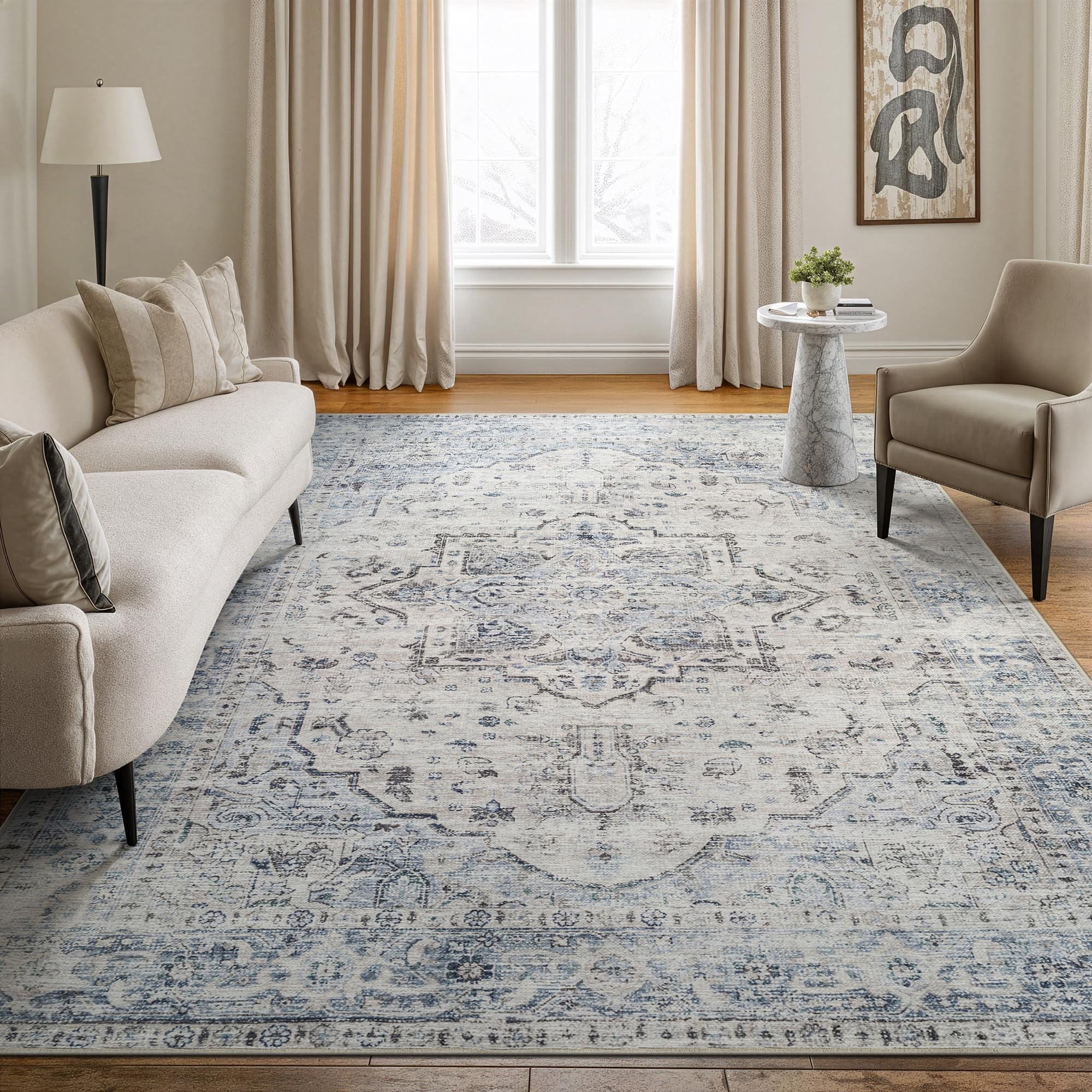 Bloom Rugs Caria Washable Non-Slip 8x10 Rug - Ivory/Blue/Gray Traditional Area Rug for Living Room, Bedroom, Dining Room, and Kitchen - Exact Size: