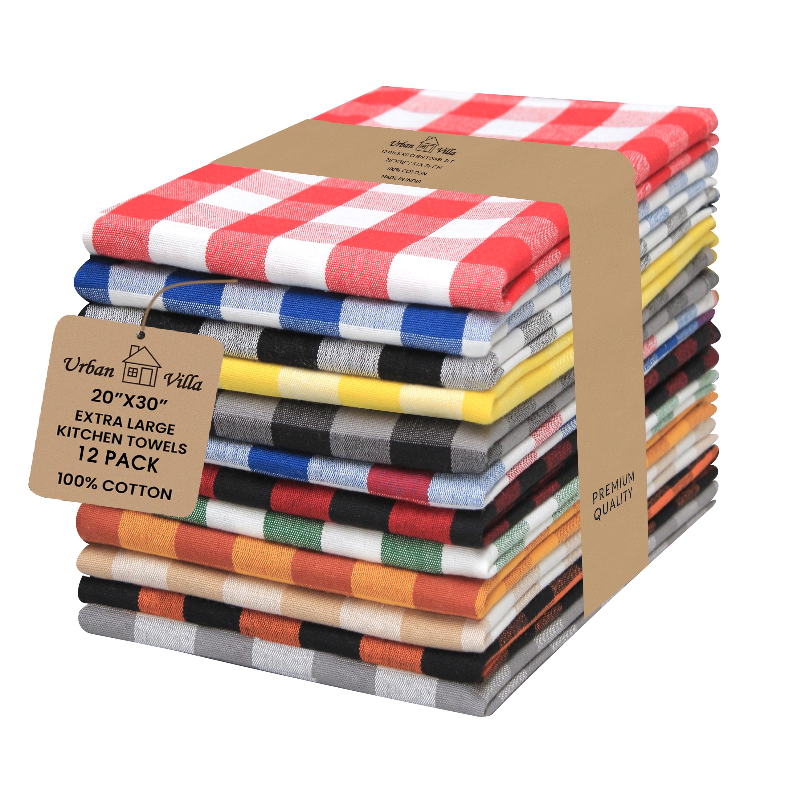 Urban Villa Kitchen Towels 100% Cotton Dish Towels for Kitchen (Set of 12) 20”x30” Dish Cloths Highly Absorbent Kitchen Linen Set with Hanging Loop