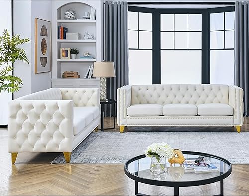 Miniatura 3 de KEIKI Sofá de terciopelo copetudo de 3+3 plazas para sala de estar, sofá con brazos cuadrados copetudos para apartamento en el hogar, color beige