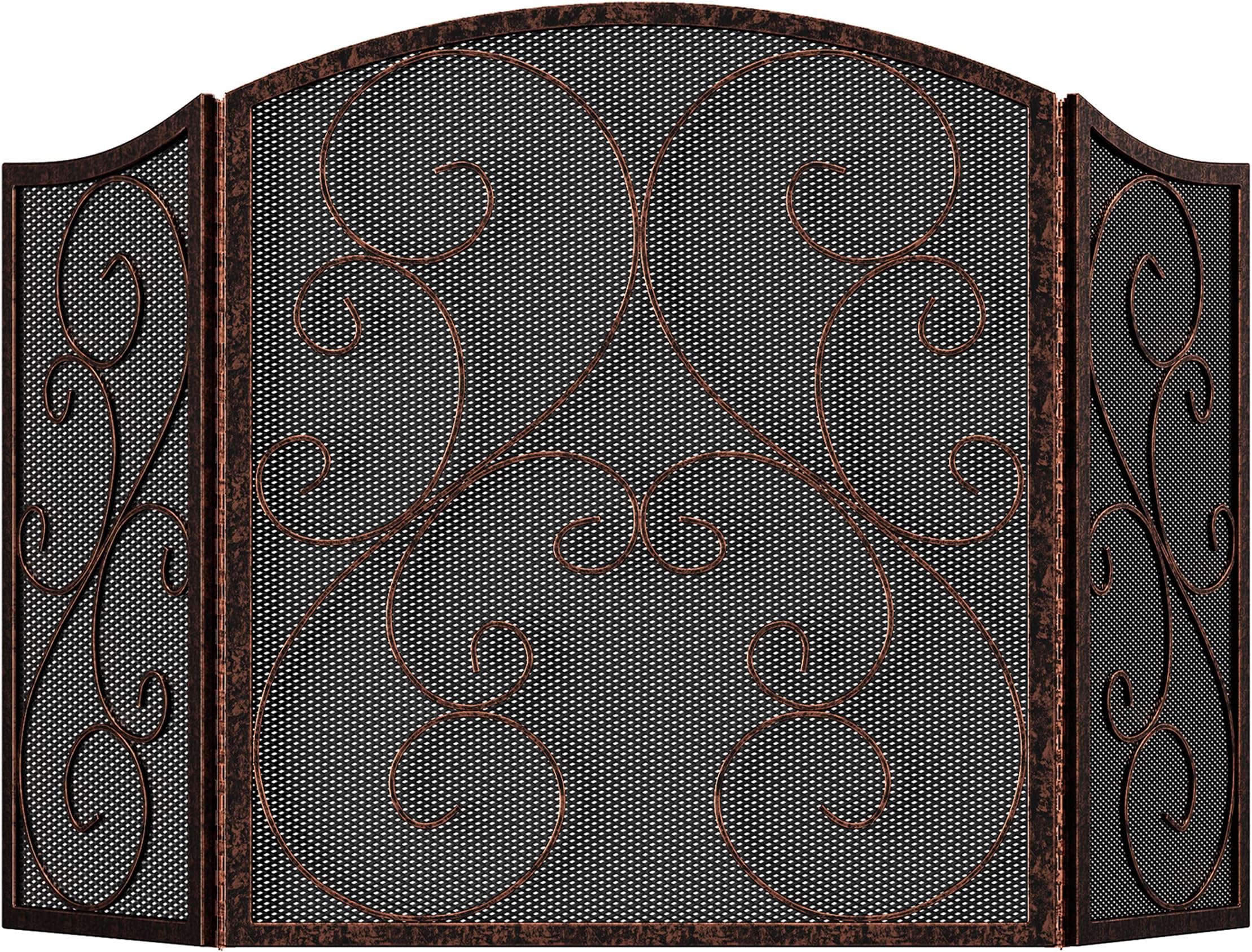 Fireplace Screen 3 Panel Wrought Iron Metal 48"(L) x30(H) Spark Guard Cover(Brushed Copper)