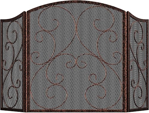 Miniatura 12 de Fire Beauty Pantalla de Chimenea de 3 Paneles de Hierro Forjado Metálico 48"(L) x 30"(H) Protector contra Chispas (Acabado Dorado)