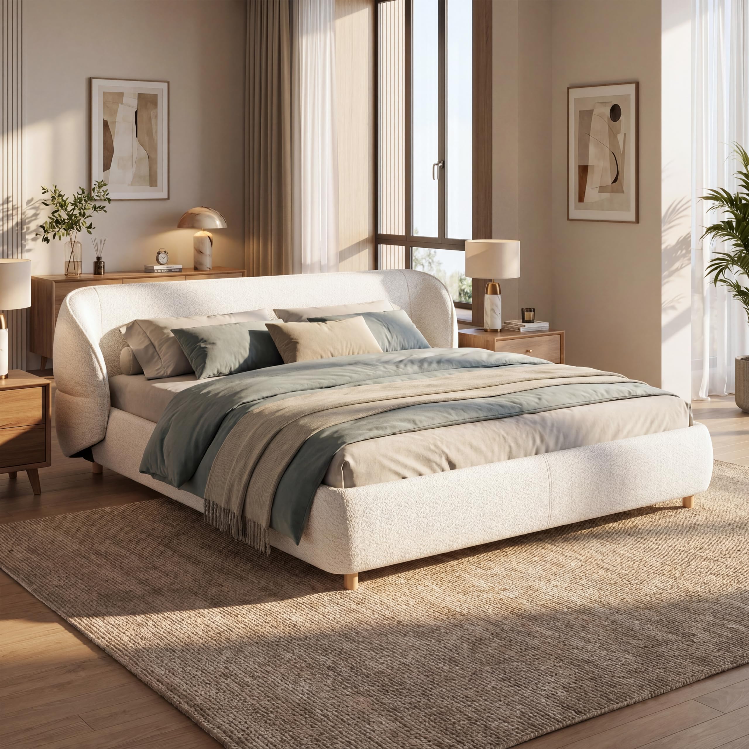 Photo 1 of **2 boxes.**Merax King Size Boucle Upholstered Bed Frame with Cloud-Shaped Wingback Headboard, Low Profile Platform Bed, Sturdy Wood Slats Support, No Box Spring Needed, Bear 700LBS, White