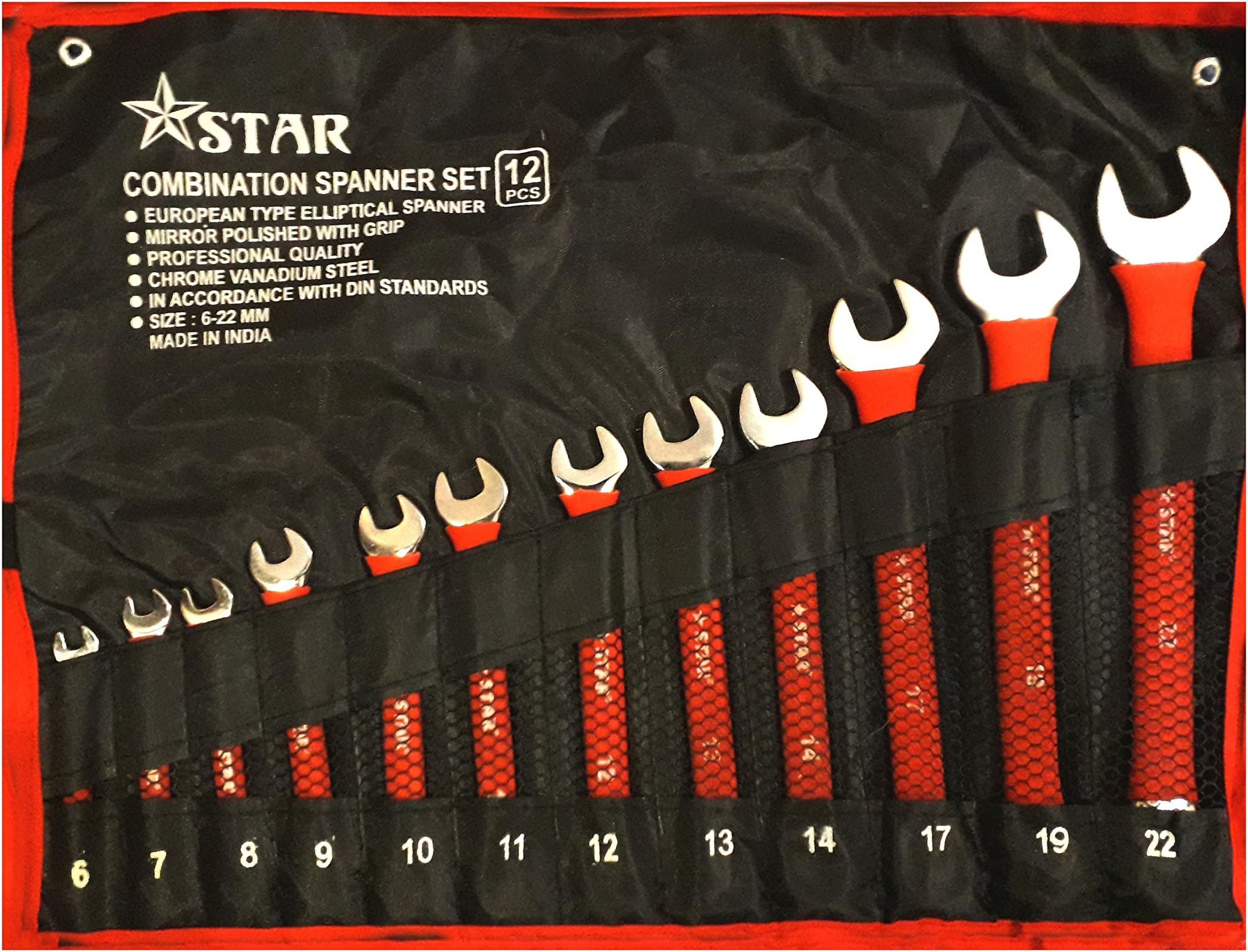 KAG STAR 12 PCS COMBINATION SPANNER SET 6-22MM (RED DIP HANDLE)