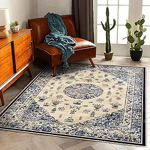 Washable Area Rug 4'x6' Traditional Floor Cover Foldable Thin Rugs Retro Kitchen Indoor Distressed Non Slip Carpet Floral Print Mat Bedroom Living Room