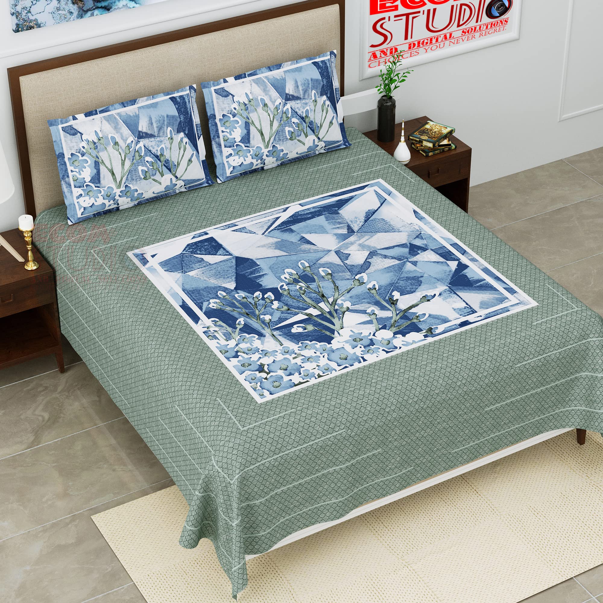 ECOM Studio -Super King 108 in x108 in Bedsheet Sides Stitched with Zipper 2 Pillow Cover BUR-1001_Blue_Saige