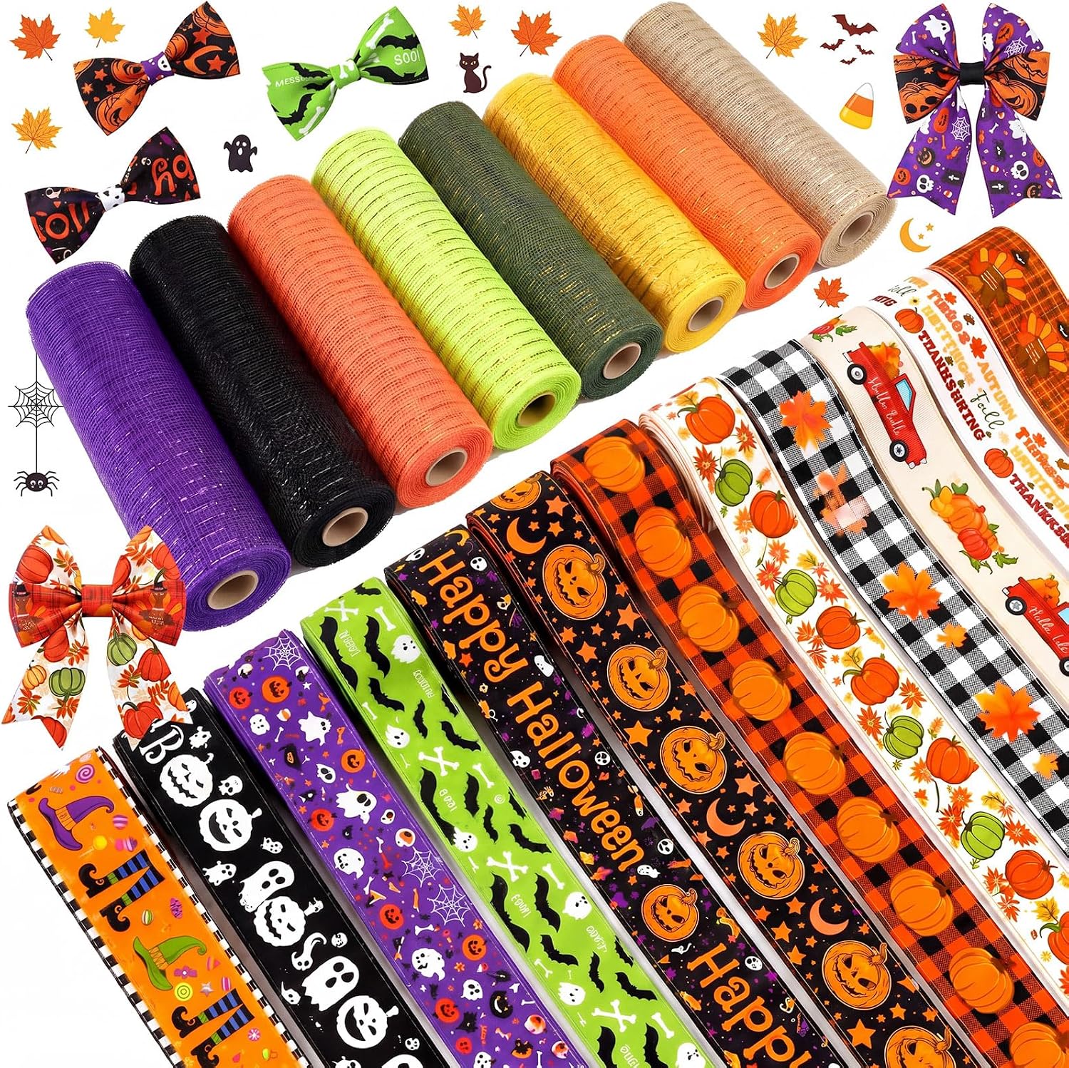 20 Pcs Fall Halloween Ribbon 8 Mesh 12 Burlap Wired Edge Ribbons