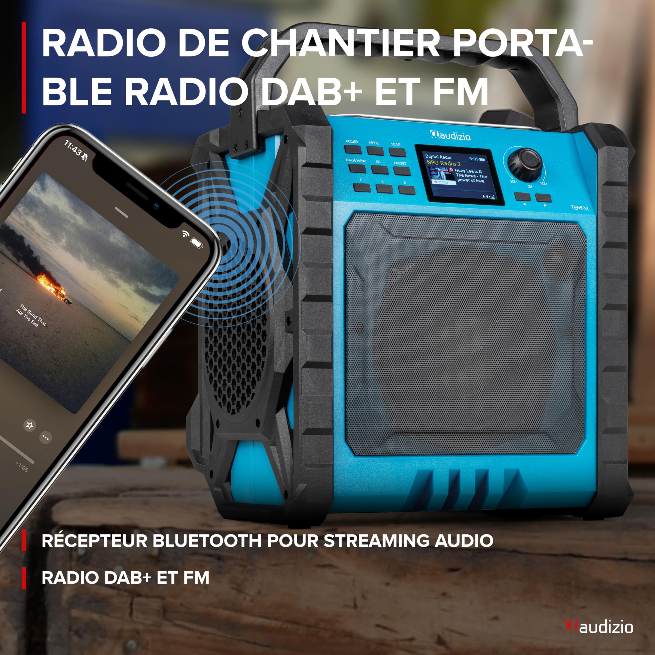 Audizio TEMI-XL - Radio de Chantier 200W avec Dab+/FM, BT sans Fil, Batterie Longue Durée & Powerbank - Enceinte Robuste IP54