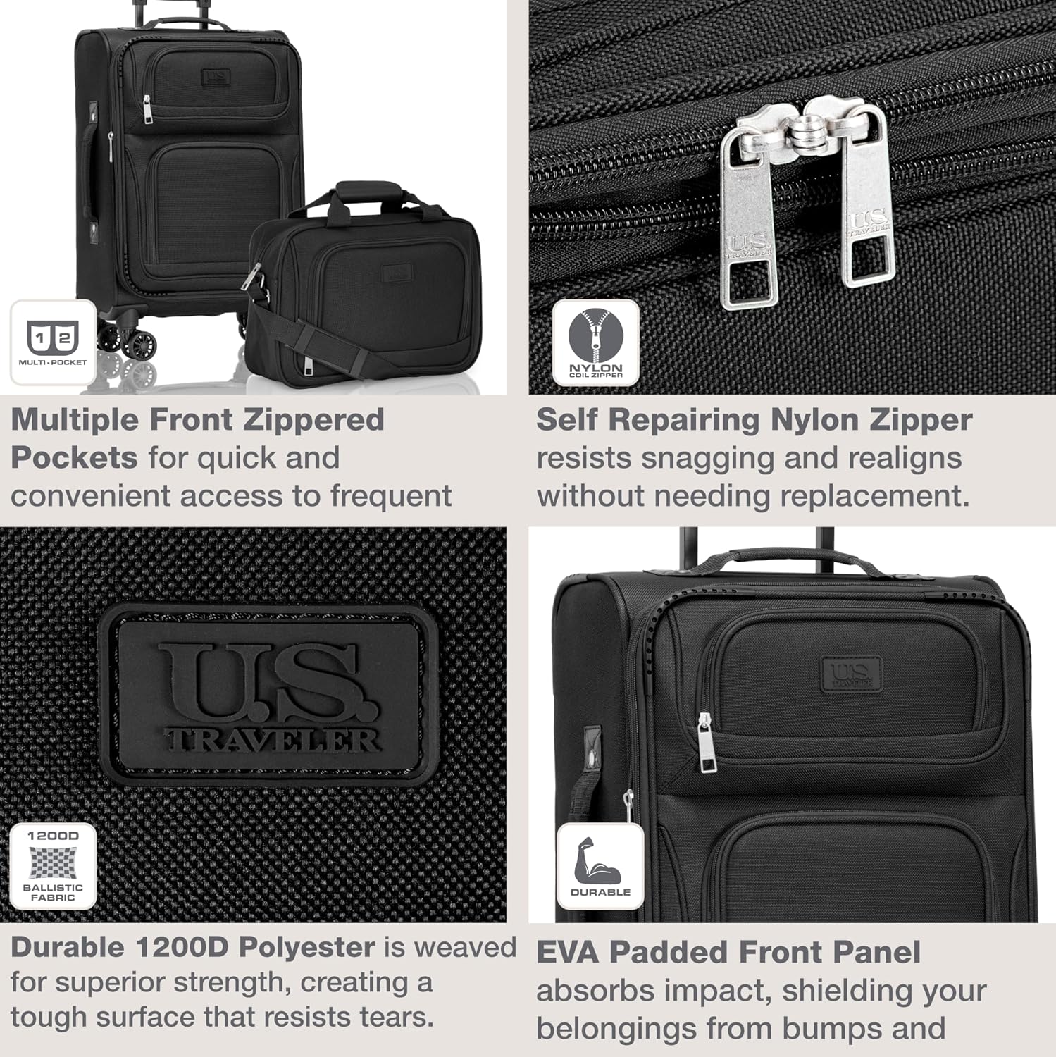 U.S. Traveler Rio Lightweight Softside Rolling Carry-on Suitcase, 4-Wheel Single, Black