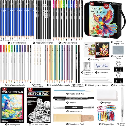 Miniatura 2 de Juego de dibujo de 82 piezas, suministros de arte profesional con 5 clips para blinder, bloc de bocetos de 3 colores, libro para colorear, grafito,