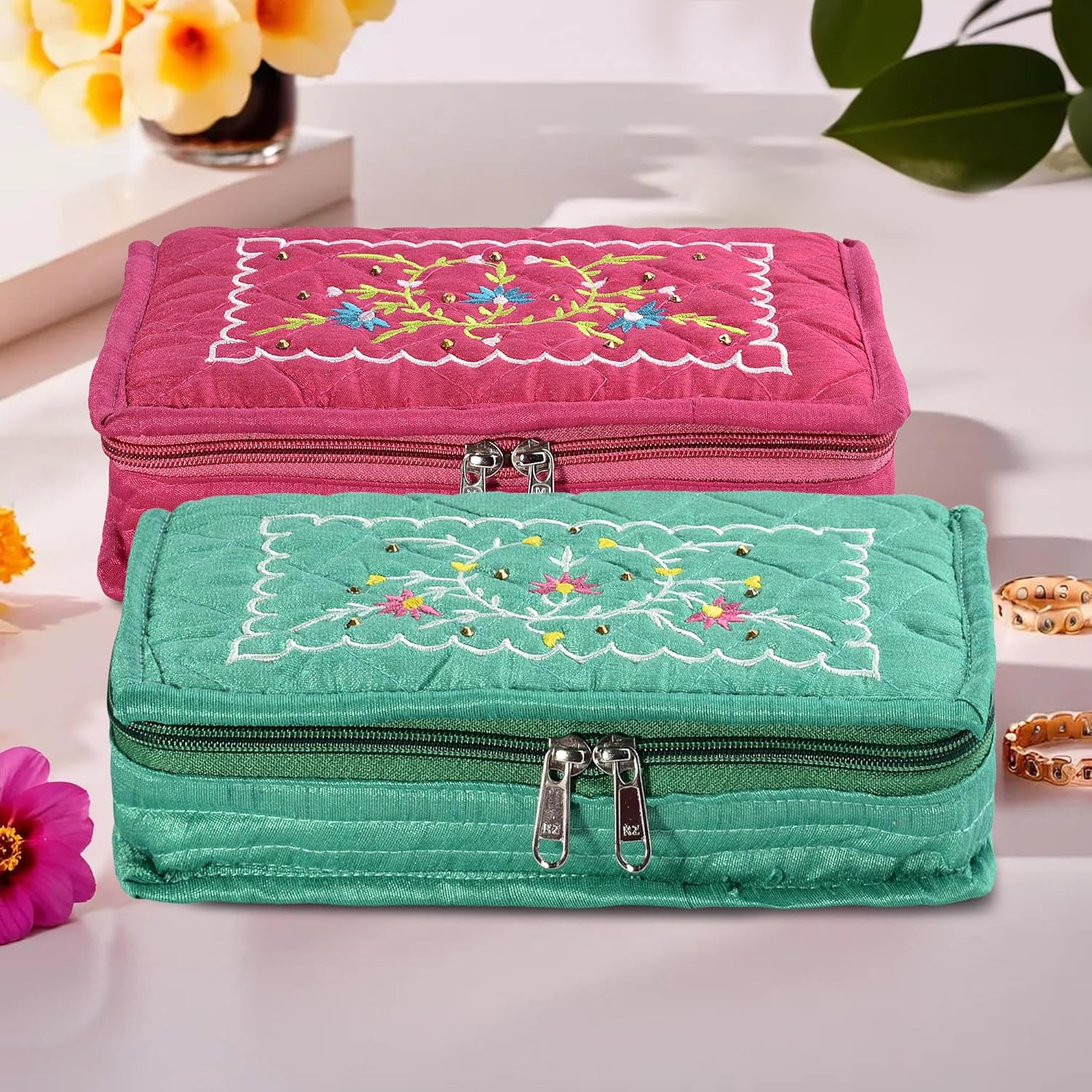 Kuber Industries (Pack of 2) Embroidery Jewellery Box For Women - 7-Compartments Travel Pouch For Gold Storage & Earrings Organizing- Dark Pink & Green