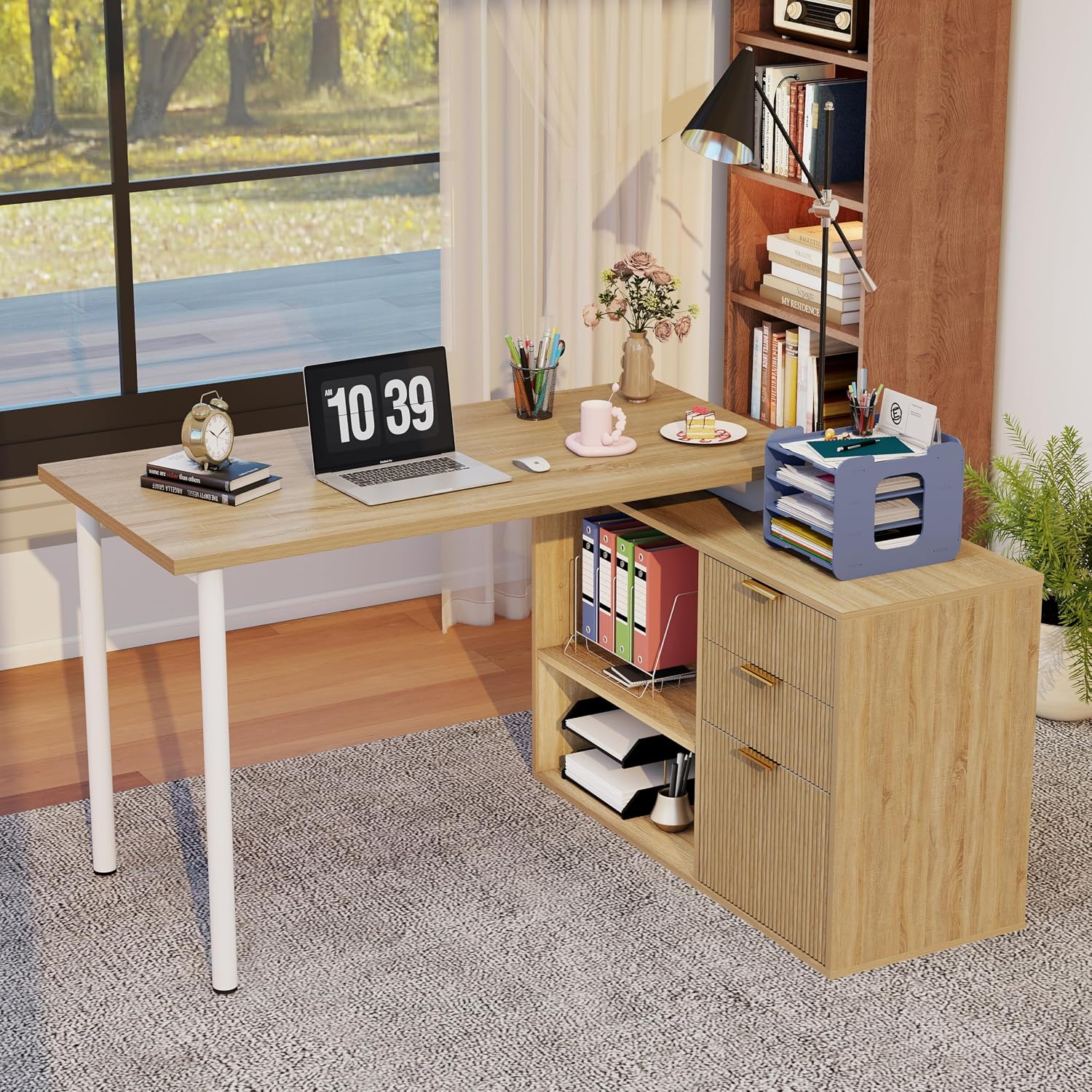 L Shaped Desk with Drawers: 53" Large Oak Fluted Corner Executive Office Desk with Storage, Wooden Home Reversible L-Shaped Computer Desk with File Cabinet (Oak)
