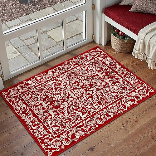 Miniatura 6 de Alfombra de Navidad 5 x 7, roja, lavable, antideslizante, para festividades, con renos y árbol de Navidad, para sala de estar, dormitorio, comedor,
