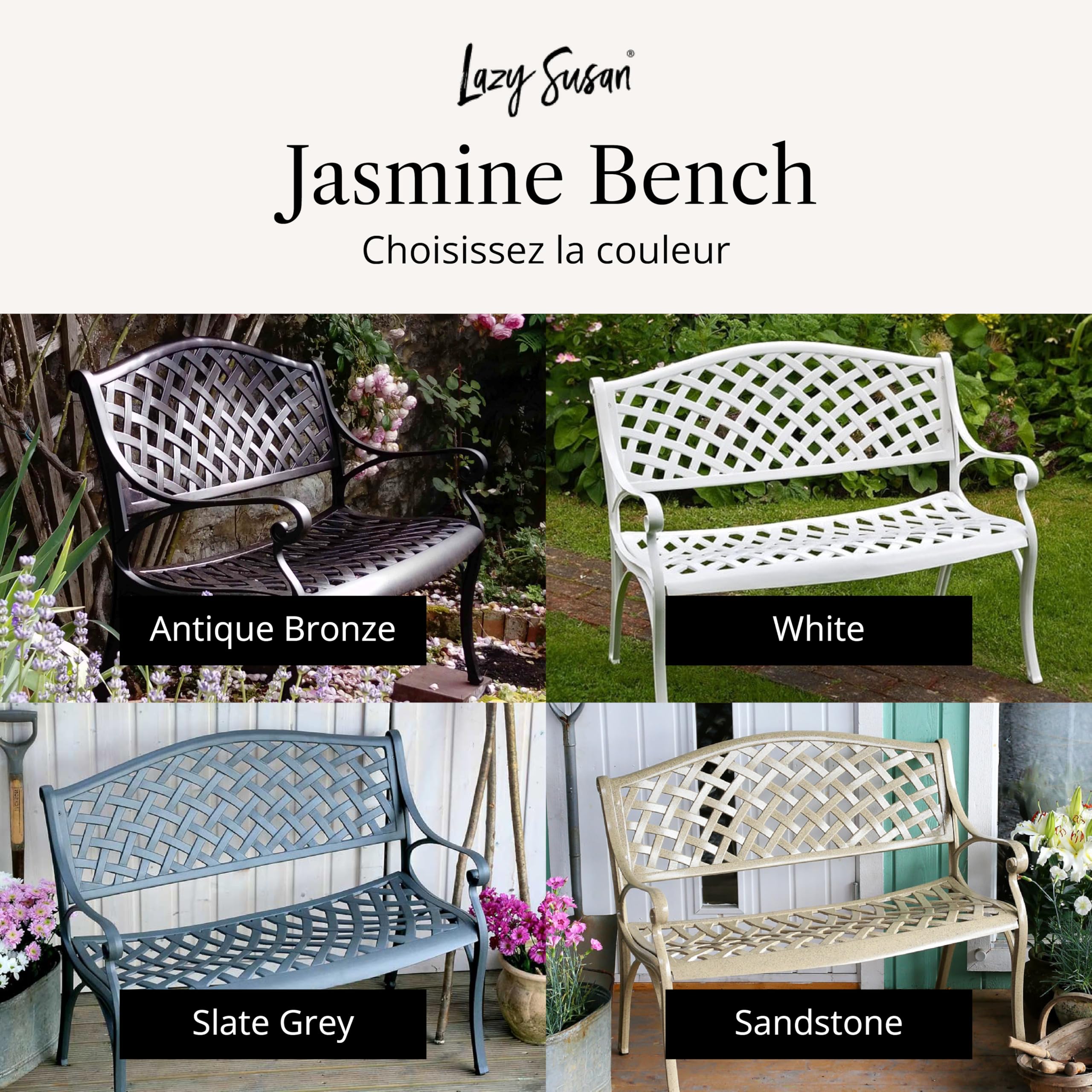 Lazy Susan Banc de Jardin en métal Jasmine | 2 Places | Banc de Jardin résistant aux intempéries | Aluminium moulé | Antirouille | Garantie 3 Ans | Finition Gris Ardoise
