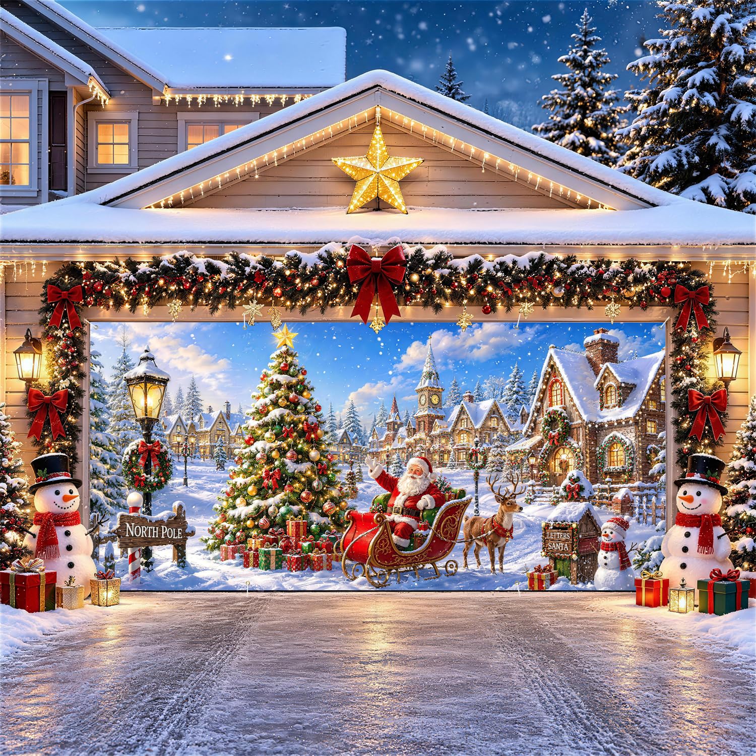 Christmas Garage Door Decorations 6 x 13 ft, Santa Sleigh Cover