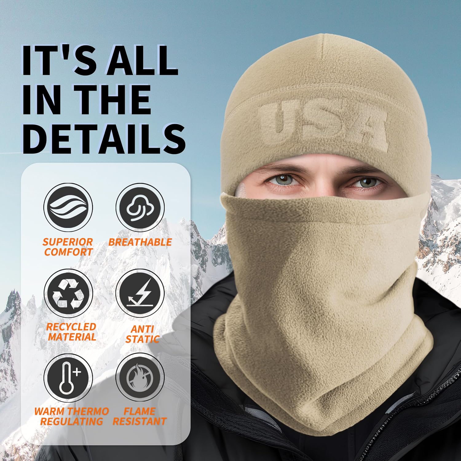 2 Pcs Warm Fleece Beanie Neck Gaiter Set, Embossing USA Army Military Winter Gear Skull Cap for Men Women image 2