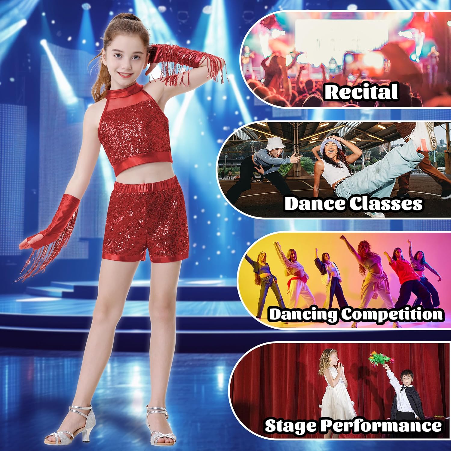 LOLANTA Girls Sequin Dance Outfit Crop Sequin Top Metallic Shorts with Tassel Arm Sleeves 5-13 Years Recital Costumes