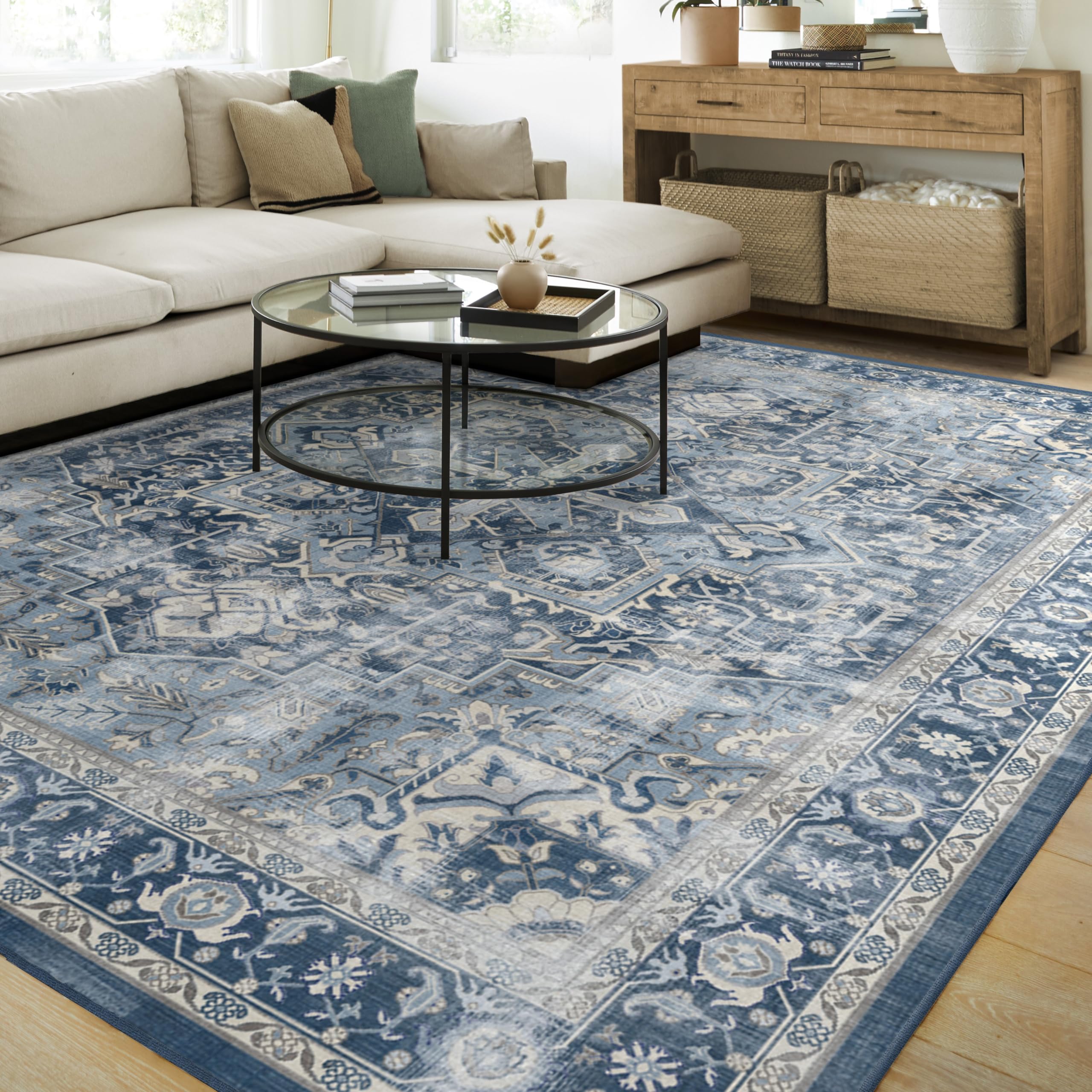 RUGGABLE Washable Area Rug – Kamran Admiral Blue 9x12, Stain-Resistant, Non-Slip – Large Machine Washable Rugs for Living Room, Bedroom, Hallway, Entryway & Office–with Cushioned Pad