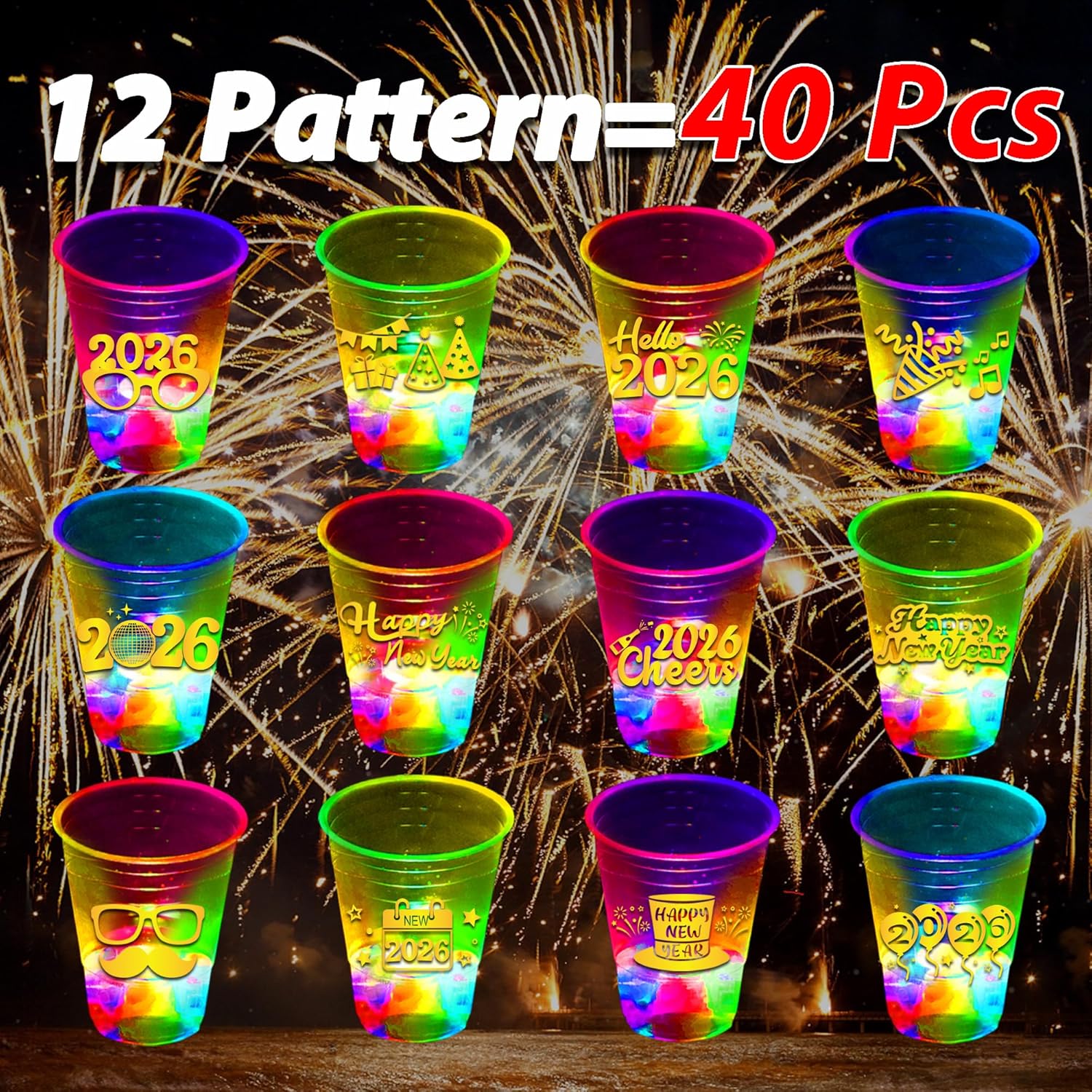 mishunyus 40 Pack 2026 Glowing Happy New Year Party Cups Glow in the Dark Flashing 12 Designs Theme Plastic Cups Outdoor Indoor NYE Party Supplies Decoration Weddings,BBQ,Beach,Holidays - Image 6