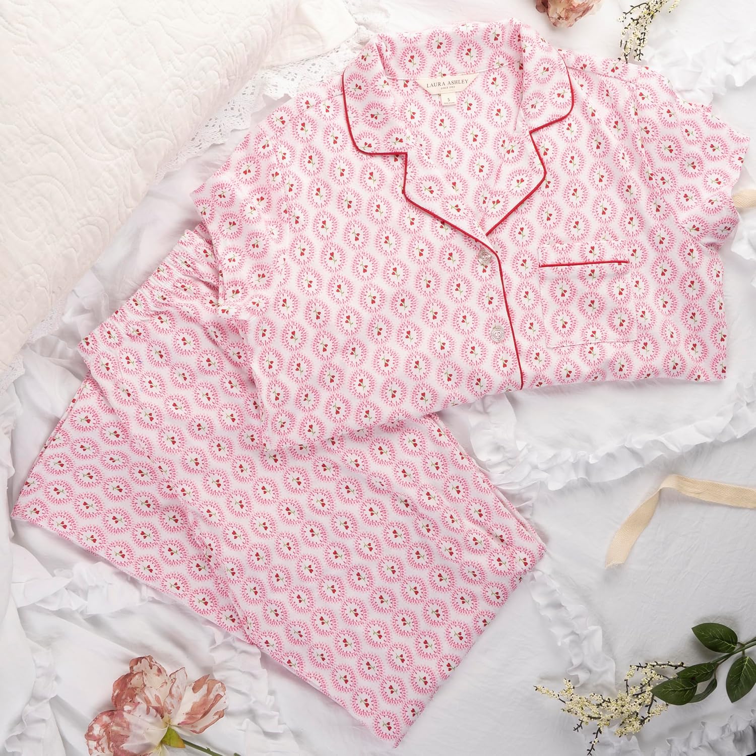 Laura Ashley Women's Pajamas 2 Piece Cotton Blend Notch Collar Button Down PJ Set