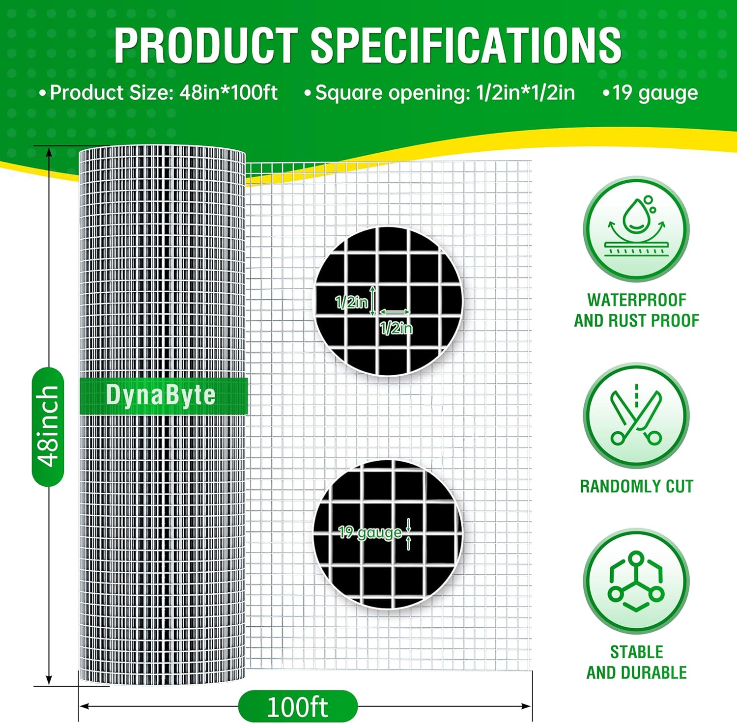 Dynabyte Hardware Cloth 1/2 inch 48 X 100 ft 19 Gauge, Hot-Dip Galvanized After Welding, Rust and Corrosion Resistant, Chicken Wire Fencing, Chicken Wire Mesh Roll, Gopher Mesh