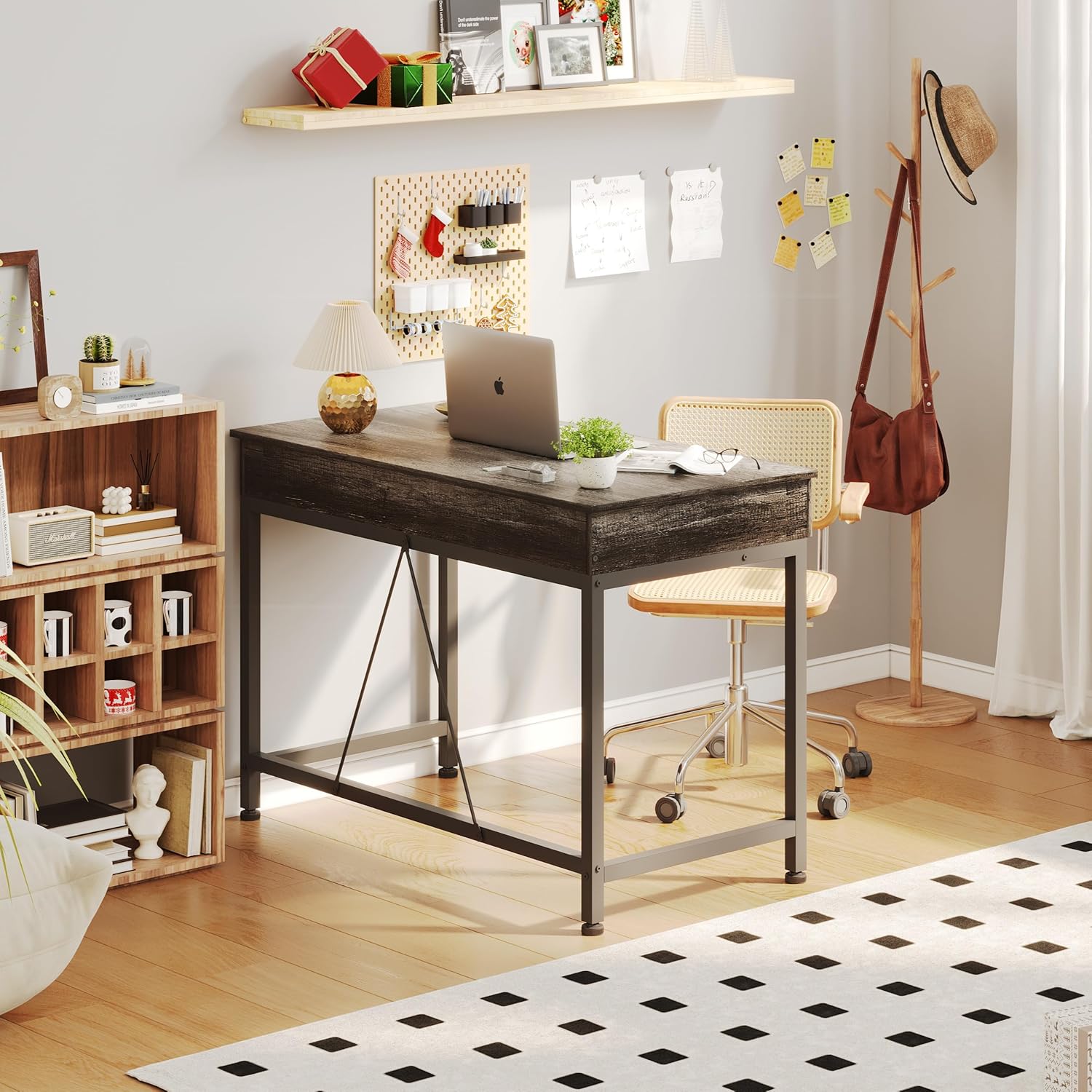 Mexin Small Desk with 2 Wooden Drawers, 40 Inch Home Office Writing Desk, Vanity Desk with Storage, Computer Desk for Bedroom Small Spaces, Table for Office, Work, Kids Study, Makeup, Gray Oak
