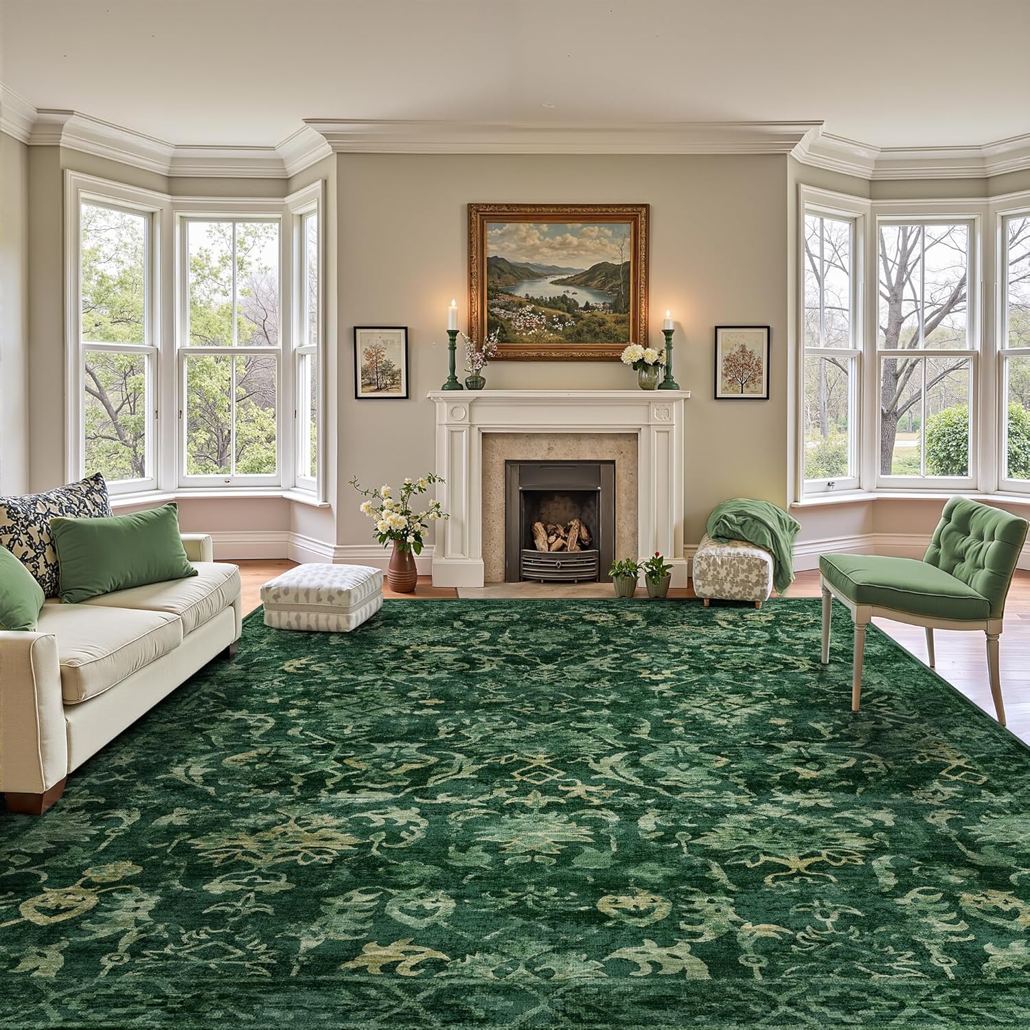 Dark Green Area Rugs 8x10 Rugs for Living Room Traditional Washable Rugs for Bedroom Distressed Large Area Rug