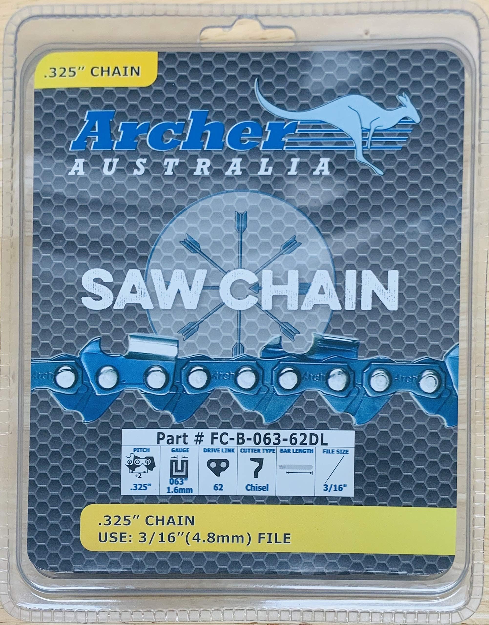 16" Archer Chainsaw Chain .325 pitch FULL CHISEL .063 Gauge 62 DL drive links