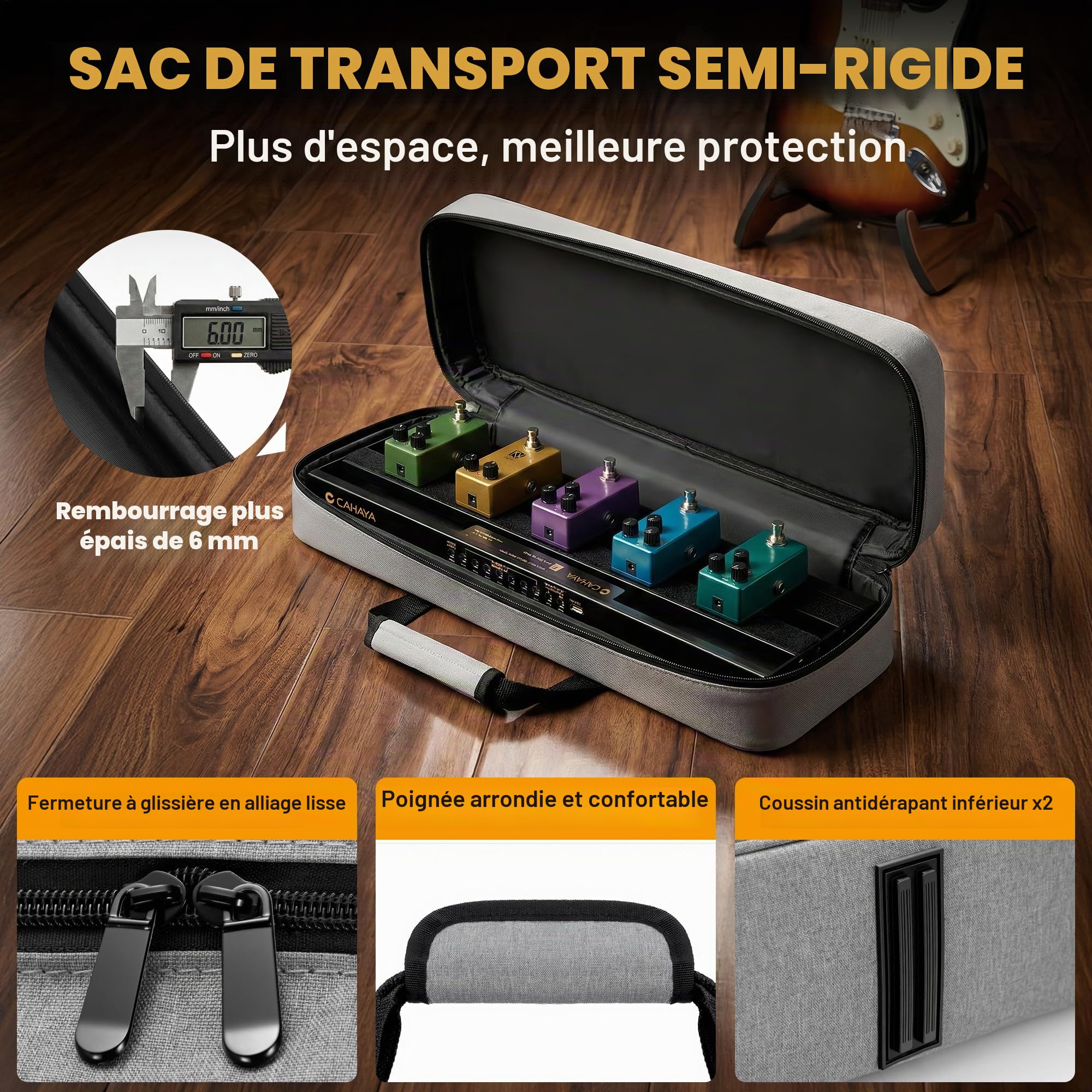 CAHAYA Pédalier Guitare Alimentation Compacte - Pedalboard Léger en Alliage d’Aluminium avec Alimentation Intégrée, Câbles DC, Sortie USB, Sac de Transport et Adaptateur 49x13cm 0,86kg