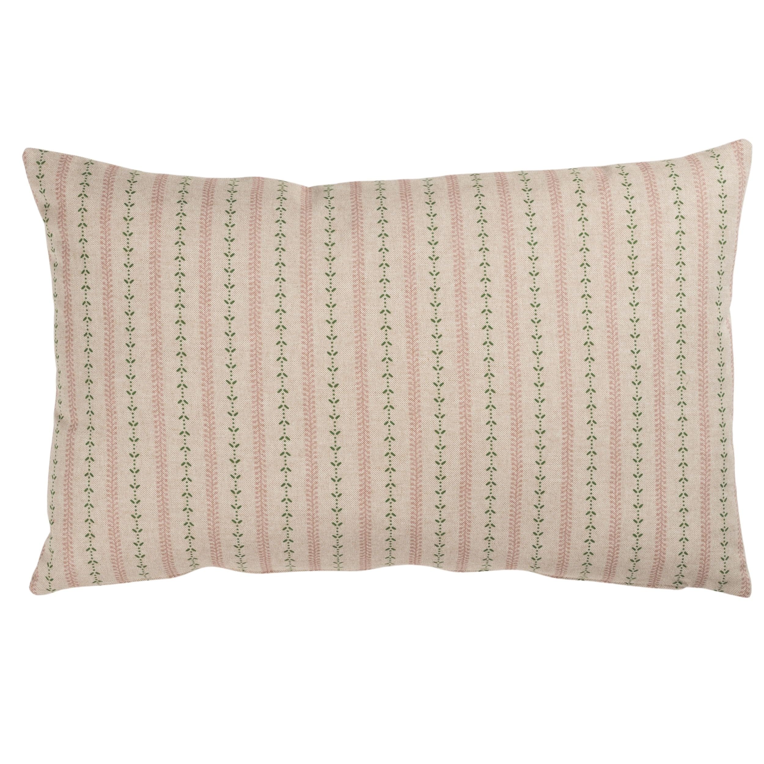 Linen Loft Cotswold Countryside Stripe XL Rectangular Cushion Cover. Cottagecore Rose Pink and Sage Green Floral Botanical Stripe Design. 23x15 XL Rectangle Cover Only.
