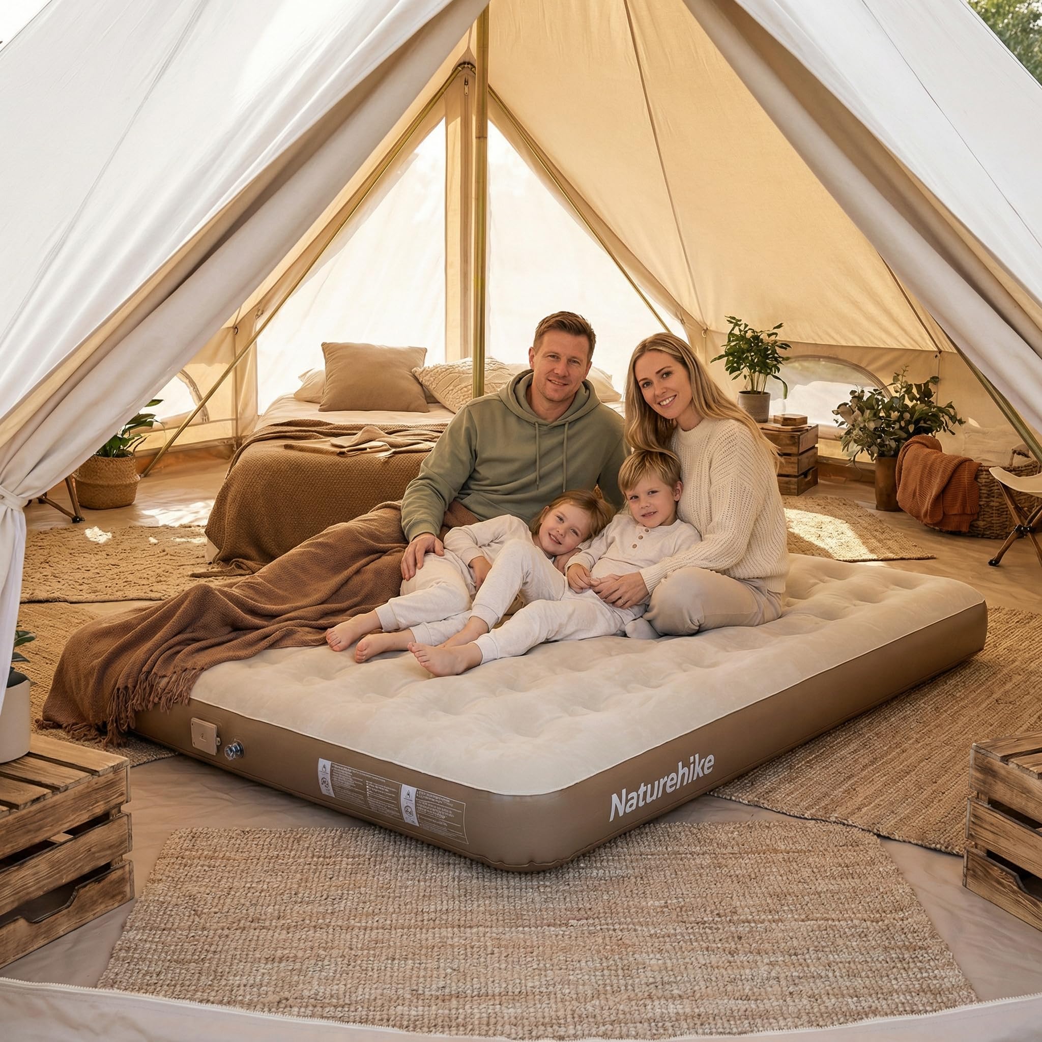 Naturehike ChenjIng Matelas gonflable Convient pour un usage domestique et le camping 213 x 182 x 25 cm (Extra Large-Marron-3 personnes)