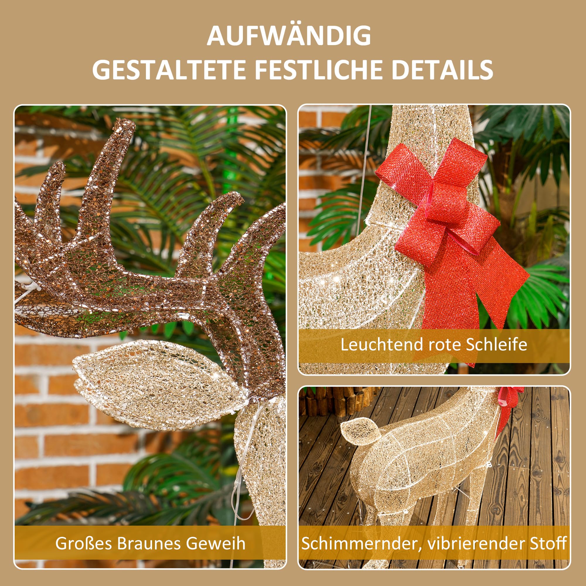 Outsunny LED Rentier Weihnachtsdeko 137 warmweißen LED Außen & Innen Gold | Weihnachtsbeleuchtung, Weihnachtsdekoration, Weihnachtsfigur