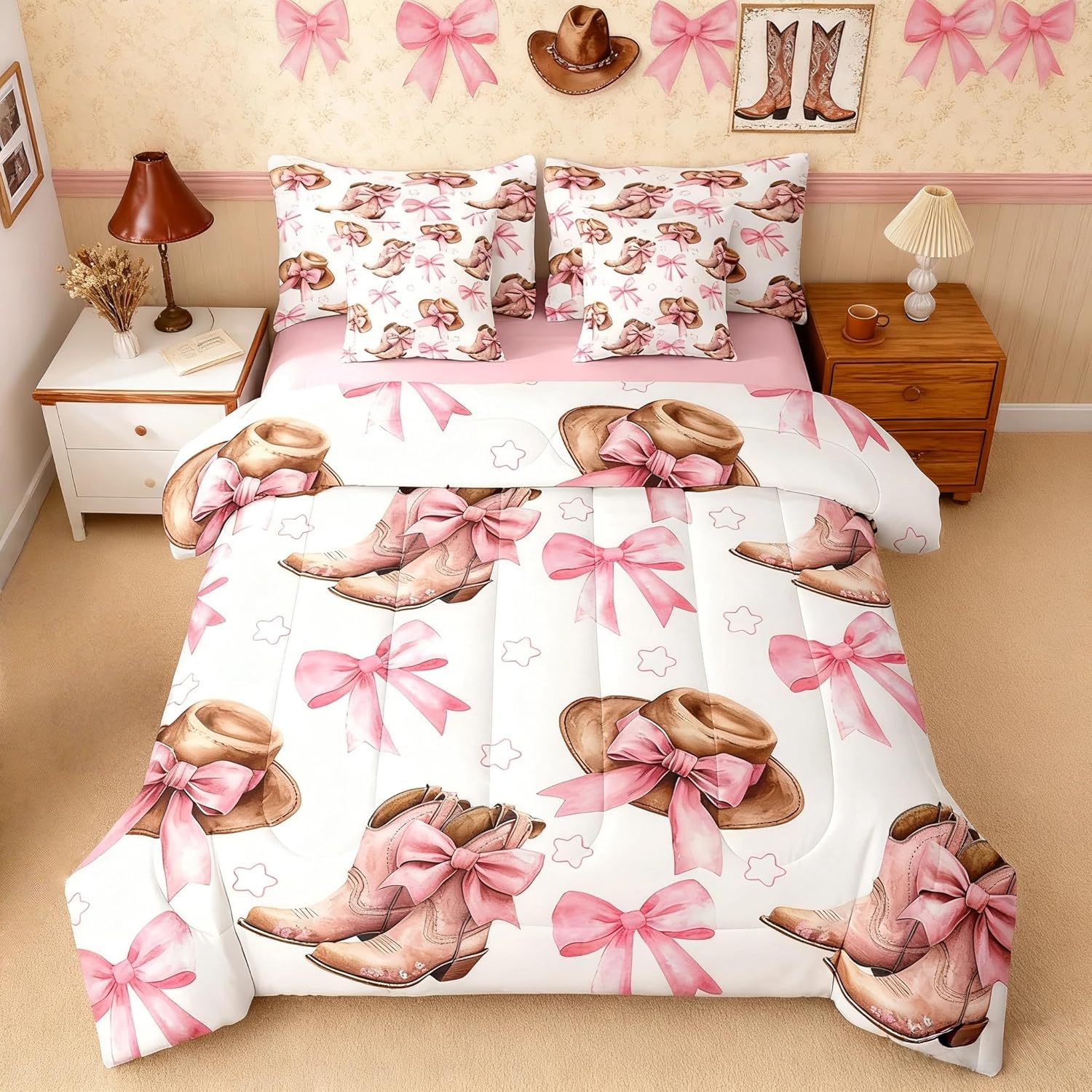Feelyou Pink Bow Full Size - 7 PCS Bed in a Bag Set Cowboy Boots Comforter Set with Comforter, Flat Sheet, Fitted Sheet, Pillowcases, Pillow Covers