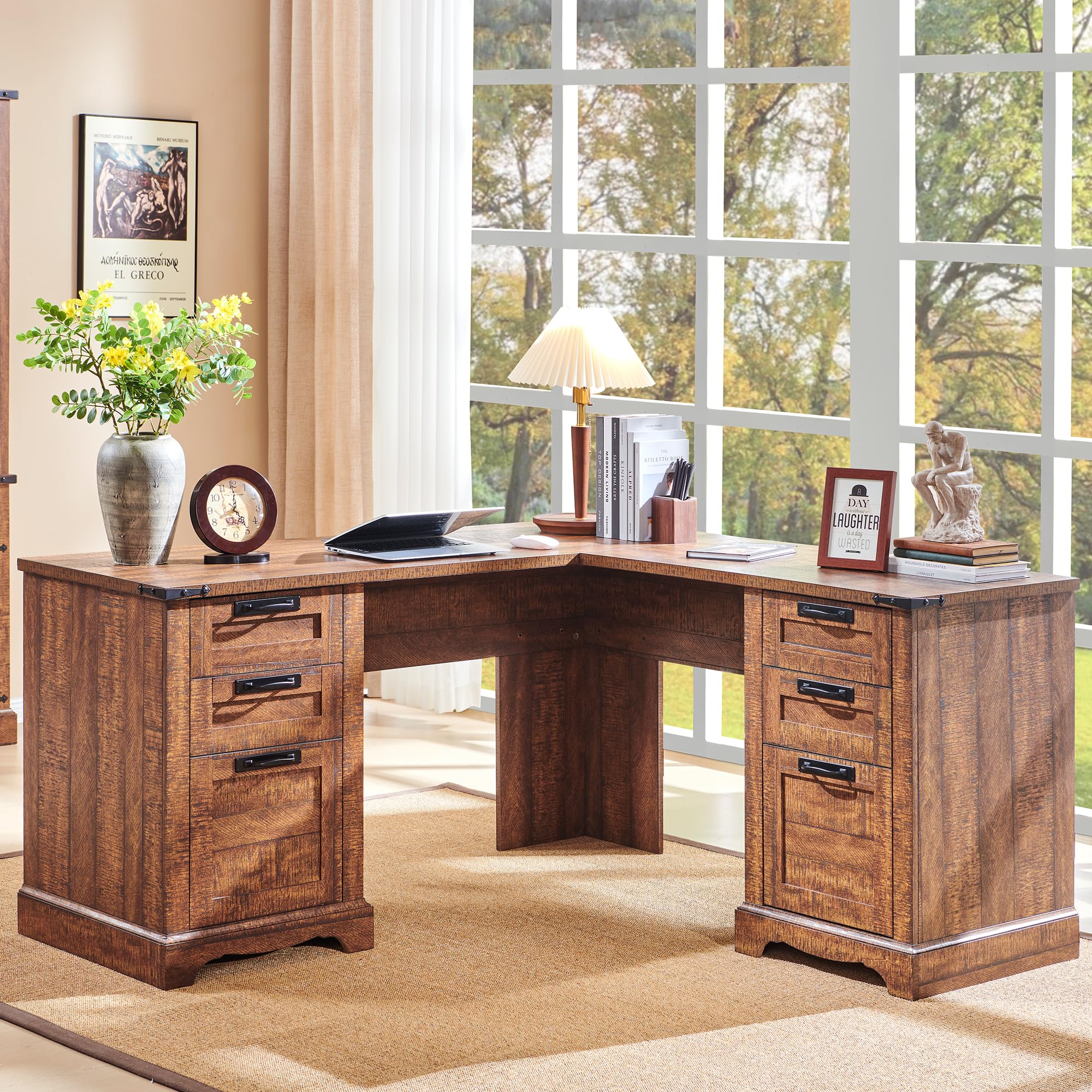 RedLemon 60" Farmhouse L Shaped Desk with Drawers, Wood Home Office Corner Executive Desk with Charging Station, File Drawer, Storage Cabinet, Rustic Computer Writing Desk (Reclaimed Barnwood)