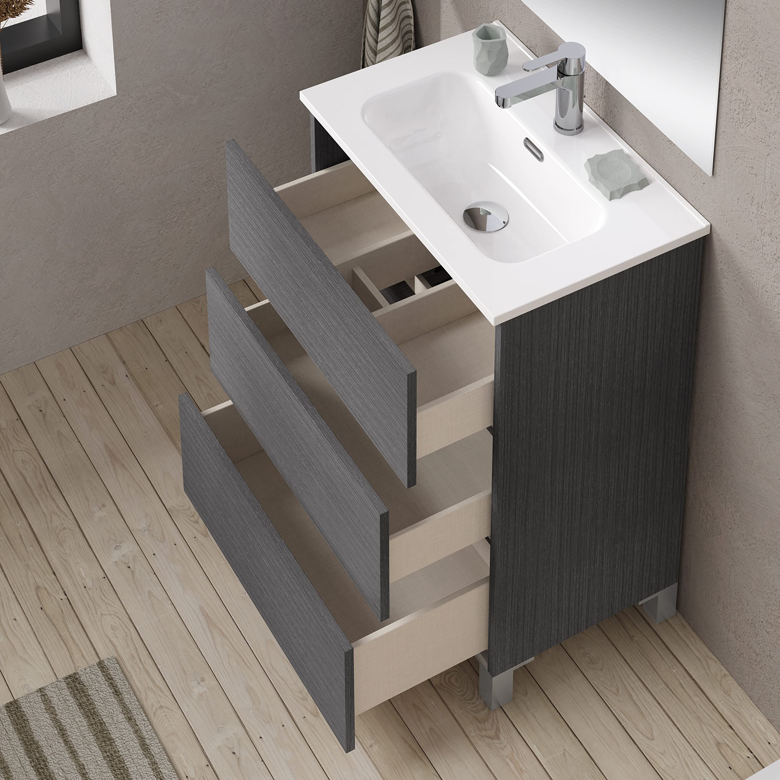 Baikal Conjunto de Mueble de Baño suspendido a la Pared con Fondo reducido, con Lavabo y Espejo, Tres cajones, Medidas de 50cm Ceniza
