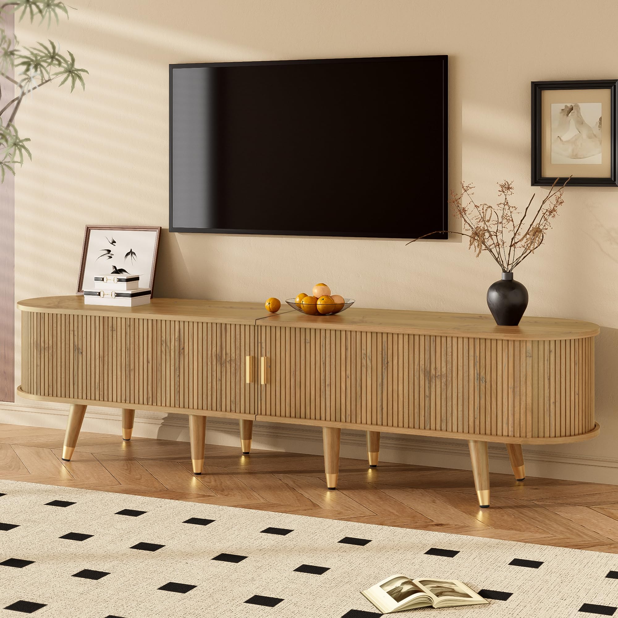 Mobile basso per TV, 175 cm, noce, con anta scorrevole in rattan, scomparti aperti e cassetti, portata 60 kg, stile rustico per soggiorno