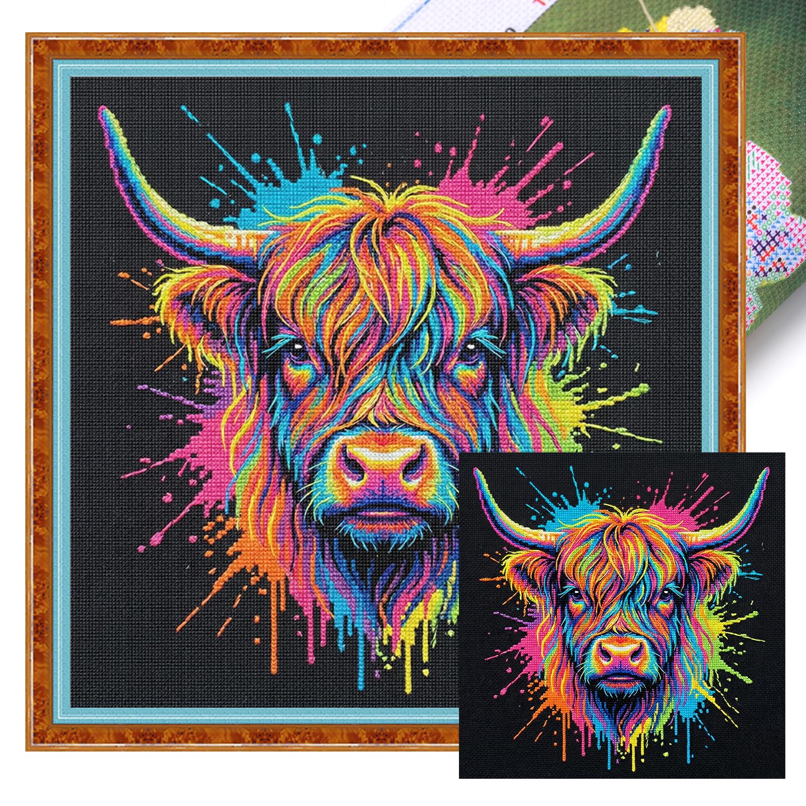 Poetrydraw Colorful Splash Highland Cow Cross Stitch Kit 14Ct Diy Embroidery Needlepoint Starter Kit 11.81X11.81 Inch Home Decor For Beginners