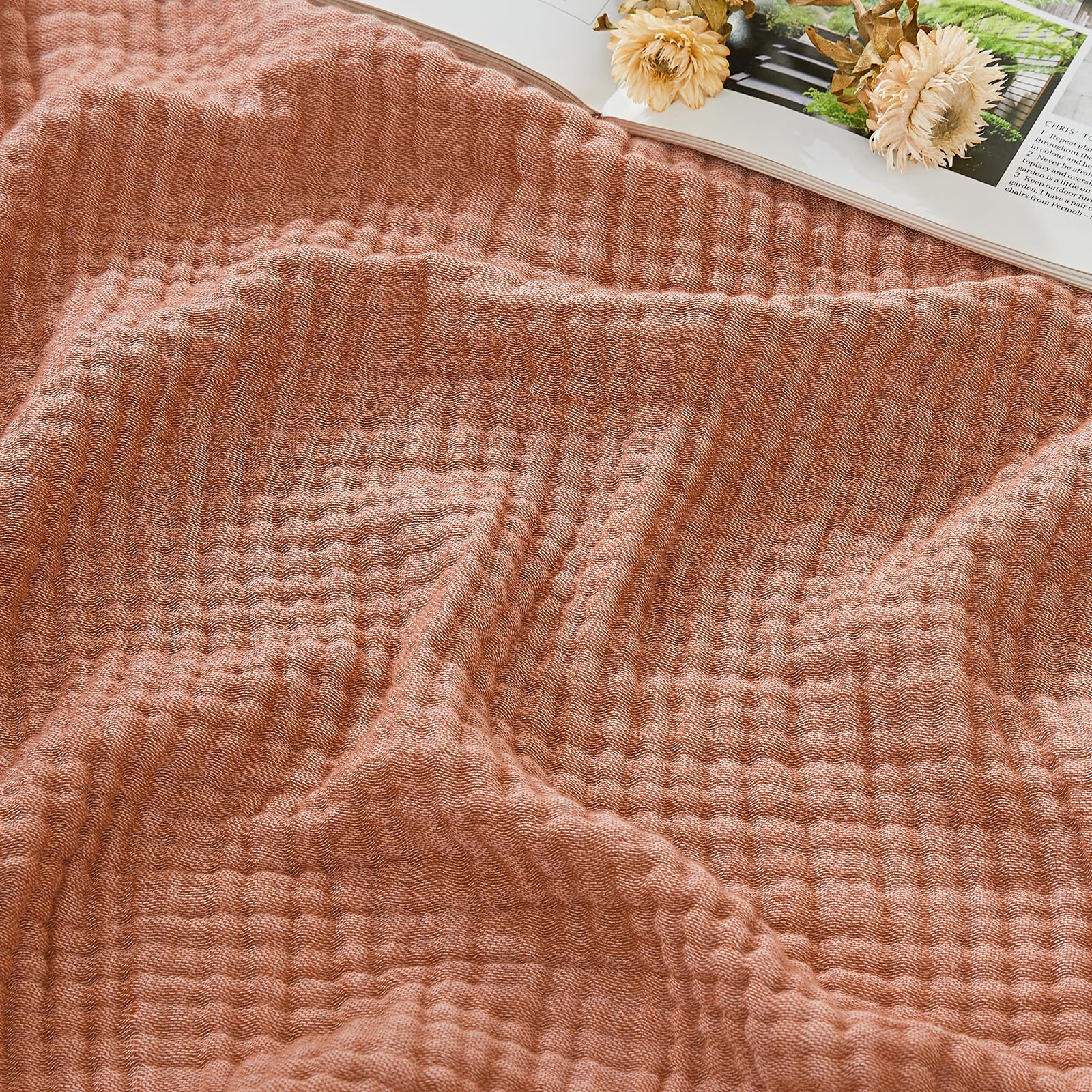 EMME Cotton Muslin Queen Blanket Bed Layering Breathable Gauze Blanket Soft Lightweight Blankets Adults (Orange Red, 152x203cm) โ image 1
