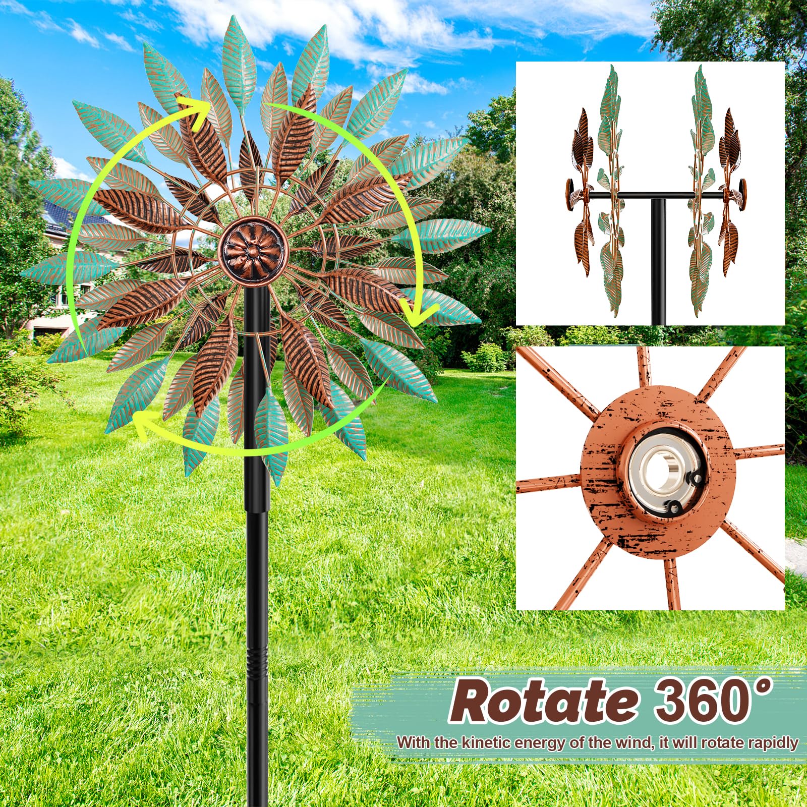 Girandola a vento a 360° per esterni, scultura da giardino con supporto, girandole cinetiche in metallo, per prato, patio, cortile, decorazione artistica da esterno (verde + marrone)