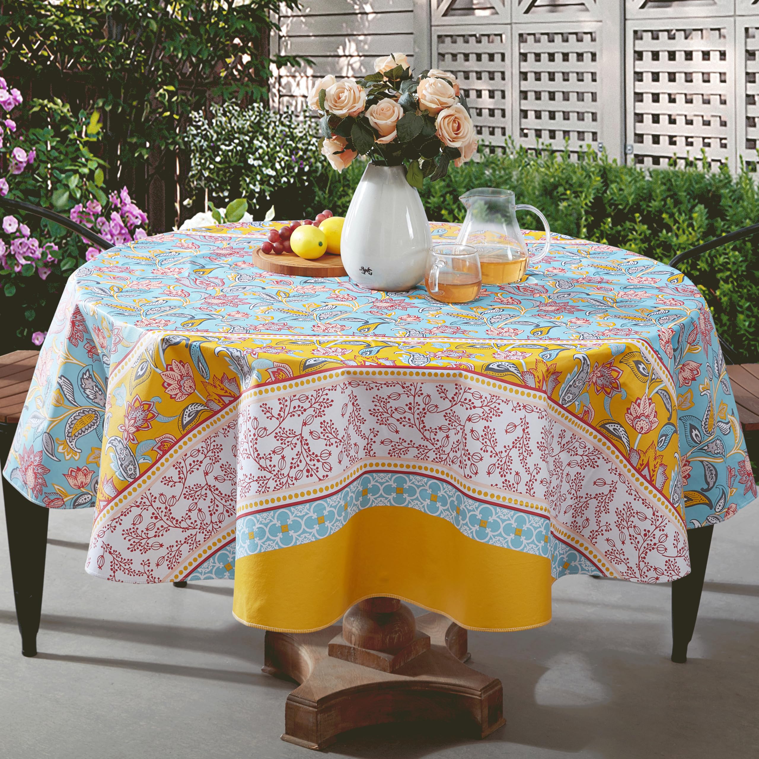 Home Bargains Plus Easter Spring and Easter Blue Country Floral Round Vinyl Tablecloth with Flannel Backing, 70 Inch, Paisley Vinyl Table Cover, Heavy