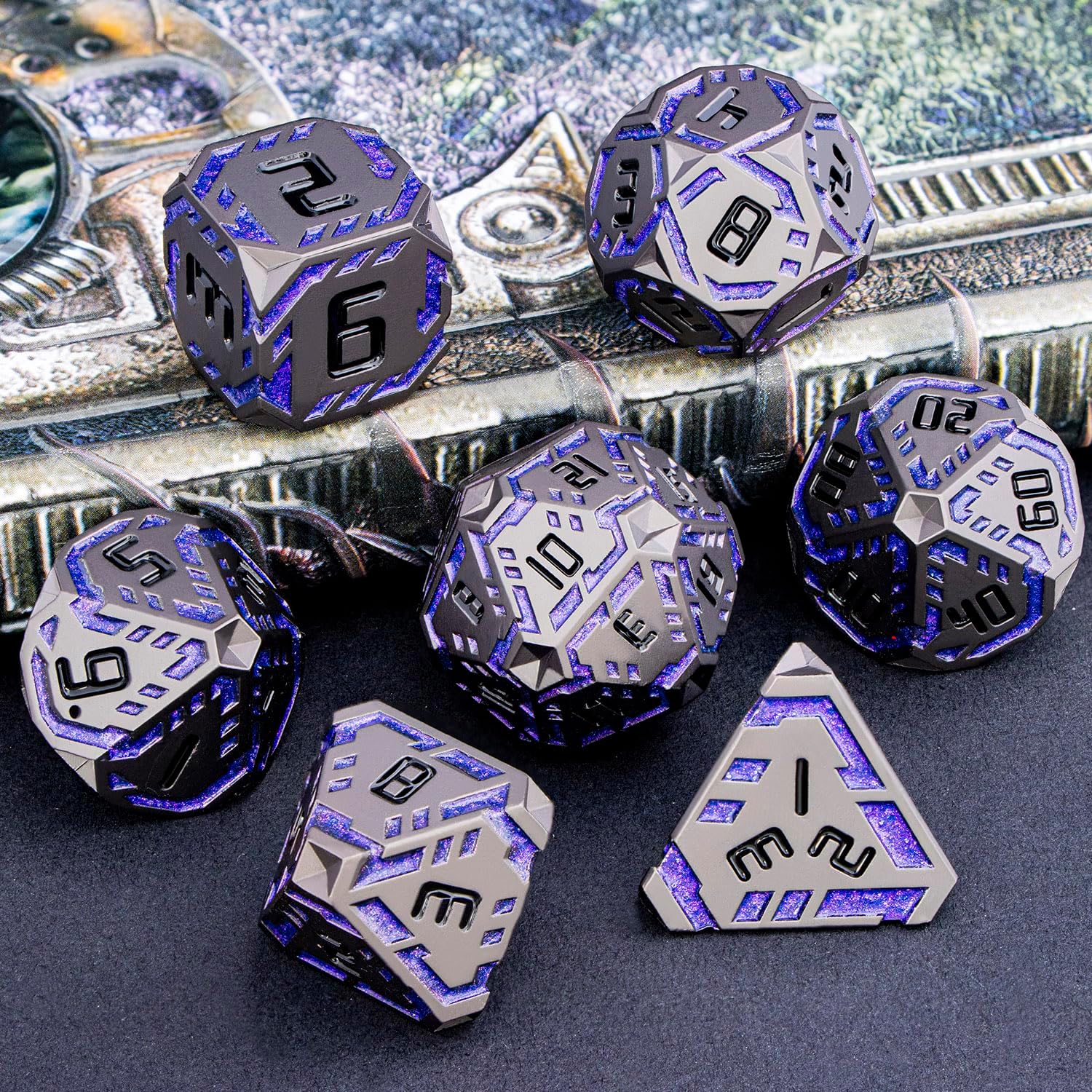 Metal DND Sci-fi Dice Set 7PCS Stripe Polyhedral Dice for Dungeons Dragons RPG Role Playing Game, Glitter D and D Dice with Gift Box D6 D8 D10 D12 D20 (Black Purple)