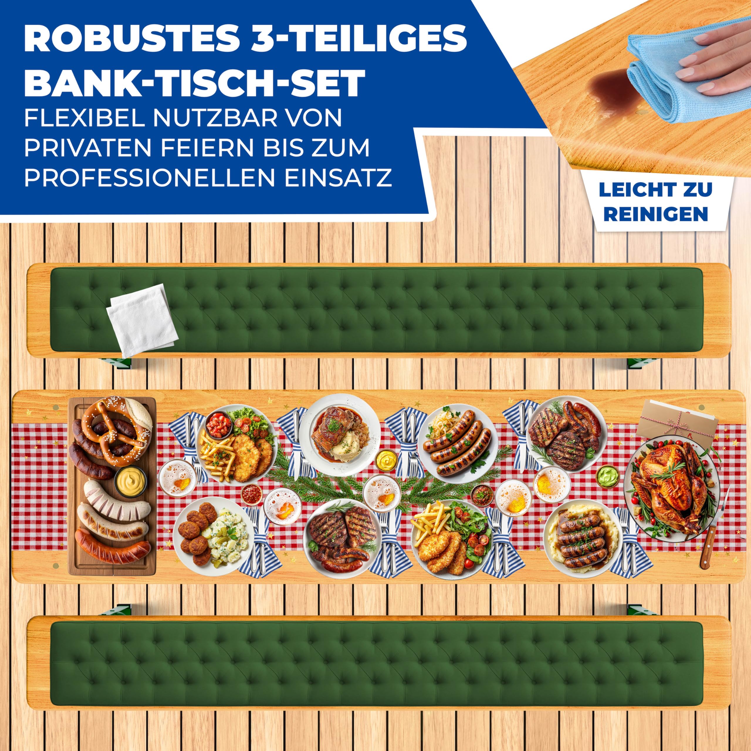 KESSER® Bierzeltgarnitur 3-TLG., Festzeltgarnitur klappbar, Biertisch mit 2 Bierbänken, Gartenmöbel Set Holz, Partygarnitur, Sitzgarnitur, wetterfest, stabil, 170x46x75cm, 12-TLG. Bodenschoner